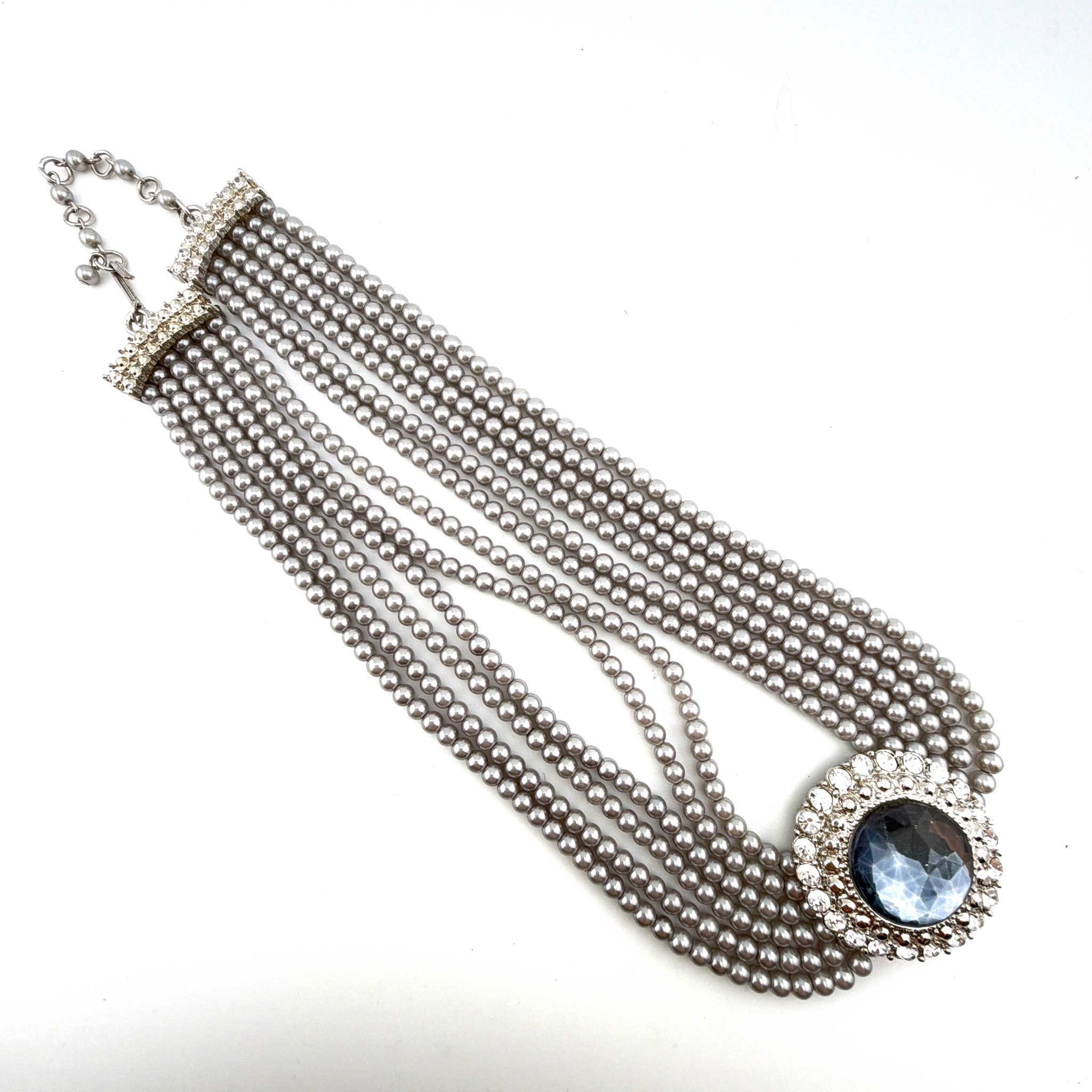 18.5 in Silver Tone Grey Faux Pearl 6-Strand Blue Glass Jewel Choker Necklace 84.00g — Front