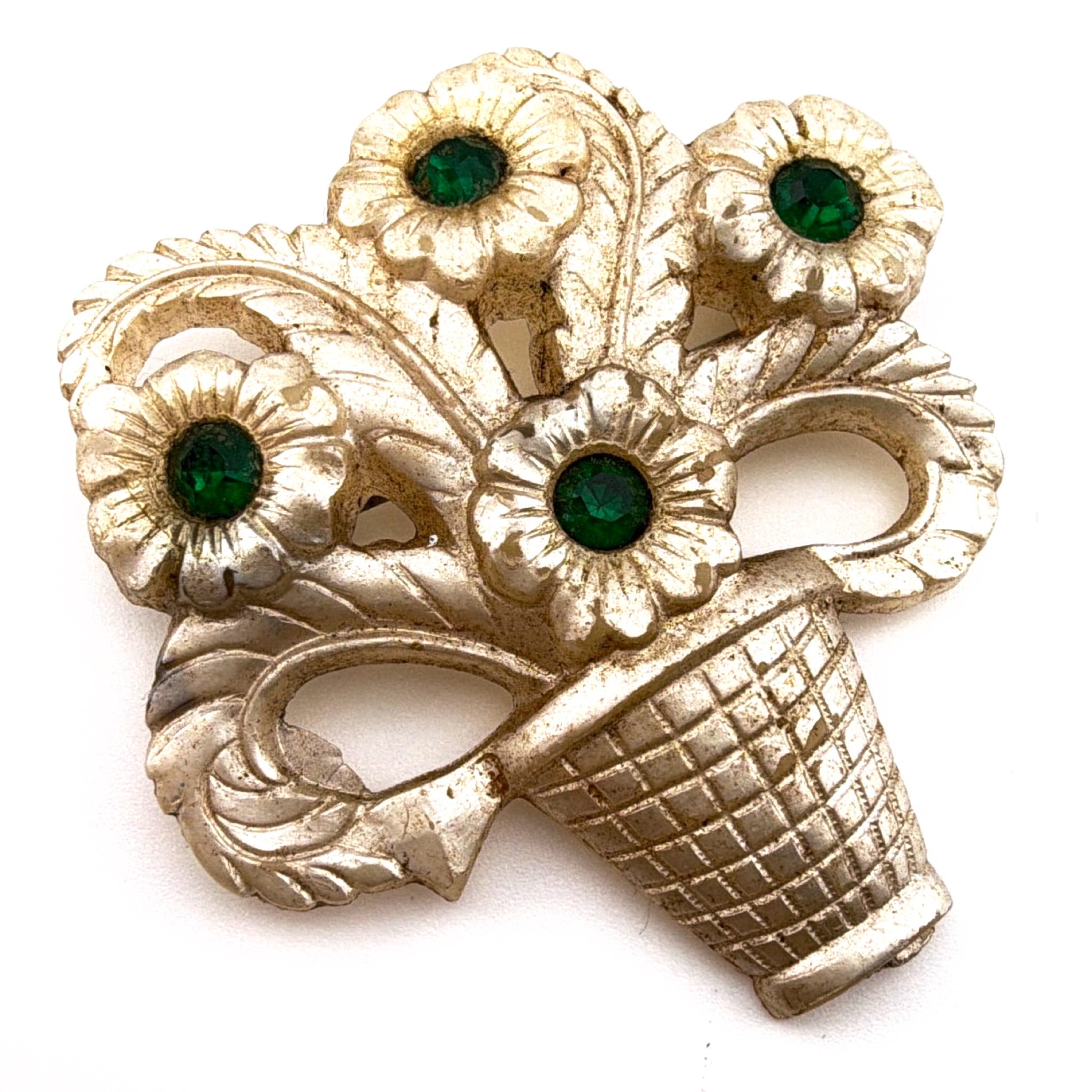 Retro 30s–50s Silver Tone Celluloid Green Rhinestone Flower Basket Brooch 5.86g