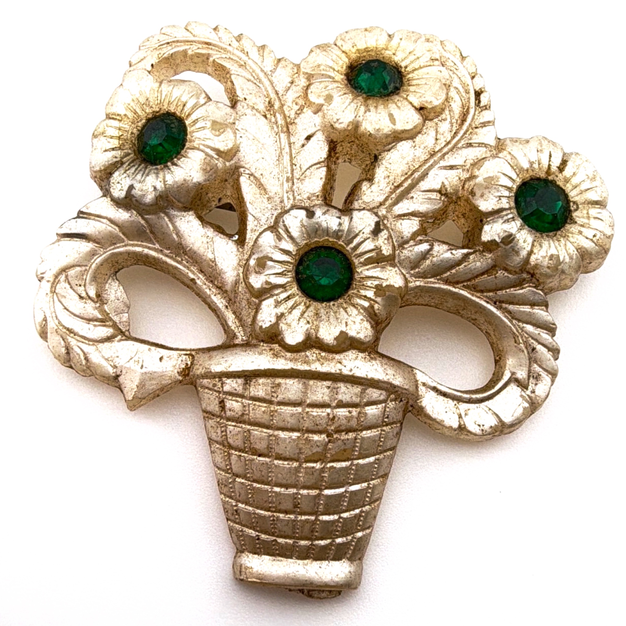 Retro 30s–50s Silver Tone Celluloid Green Rhinestone Flower Basket Brooch 5.86g — Front