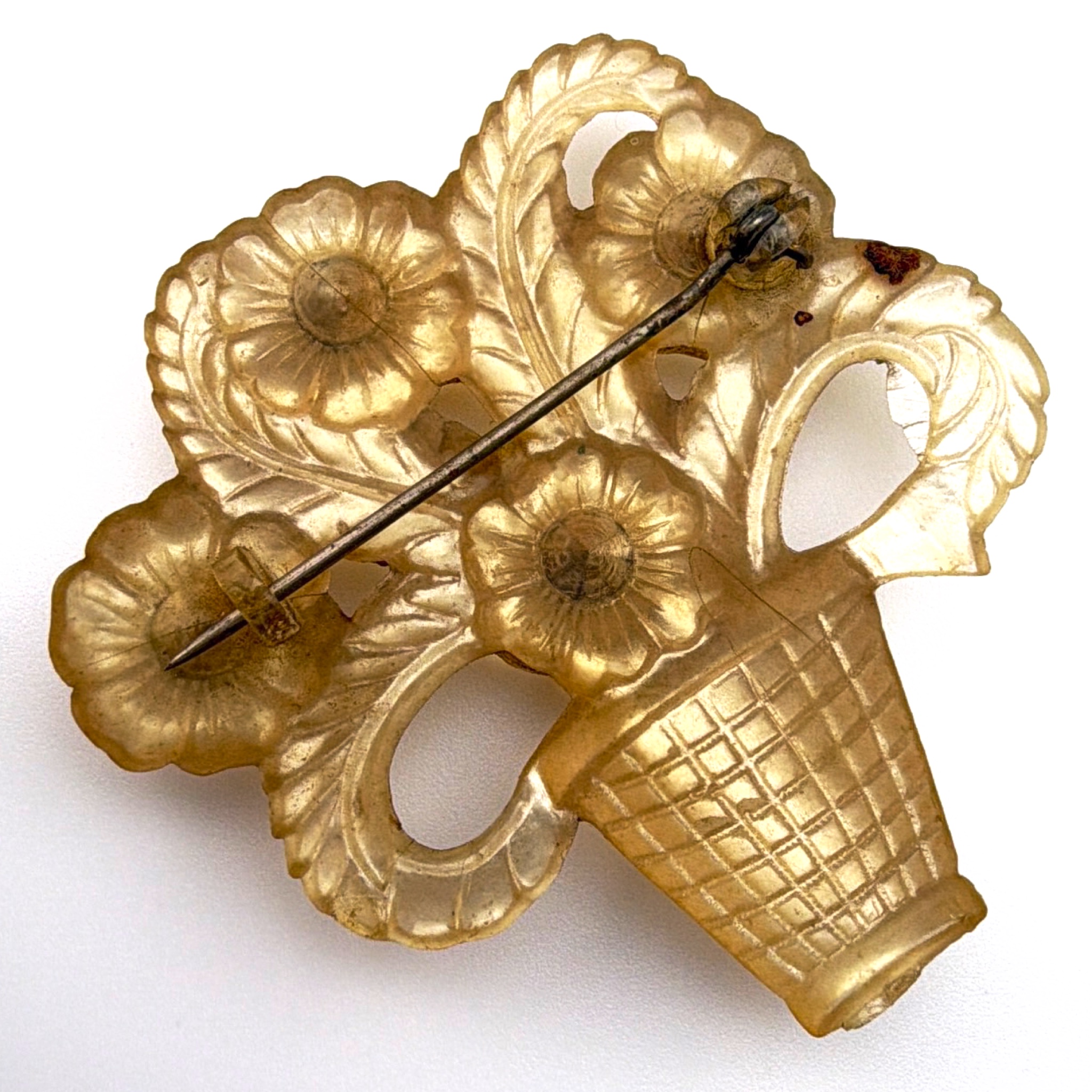 Retro 30s–50s Silver Tone Celluloid Green Rhinestone Flower Basket Brooch 5.86g — Back