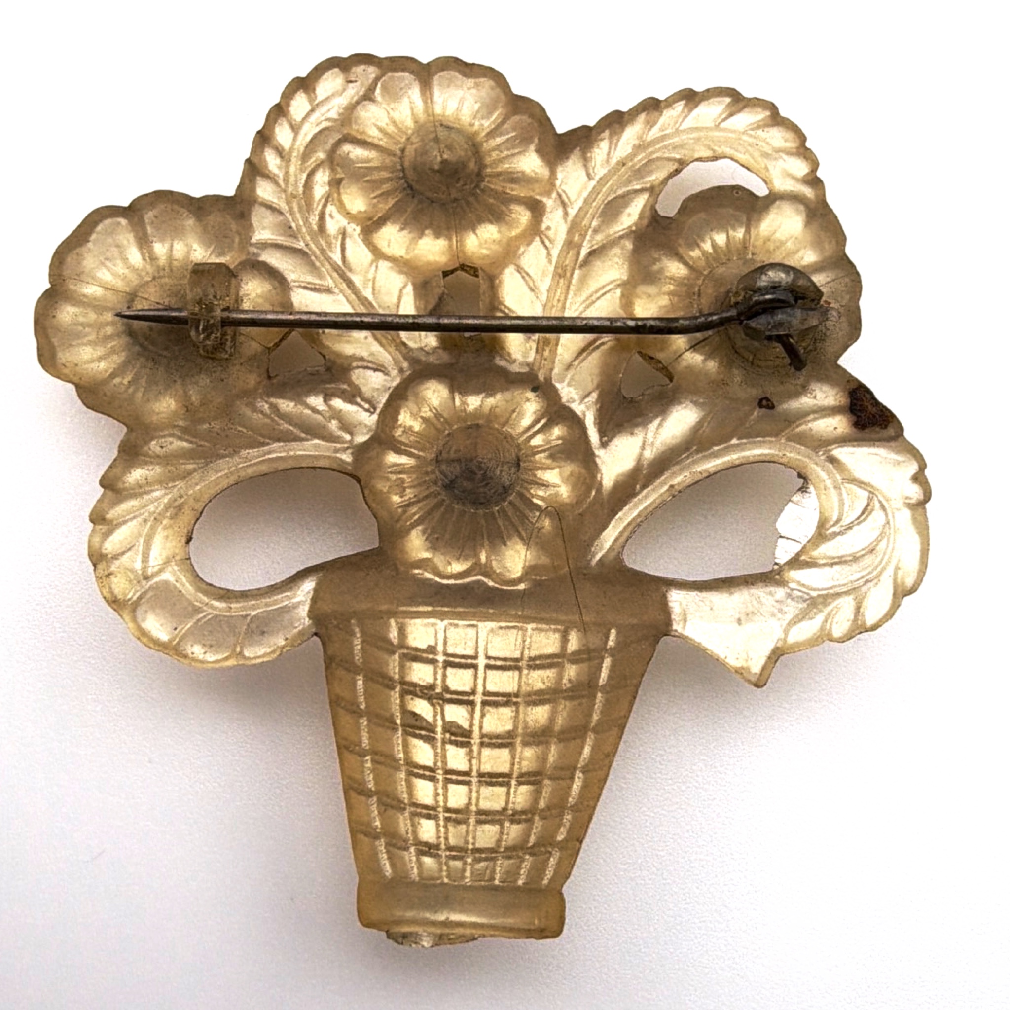 Retro 30s–50s Silver Tone Celluloid Green Rhinestone Flower Basket Brooch 5.86g — Back