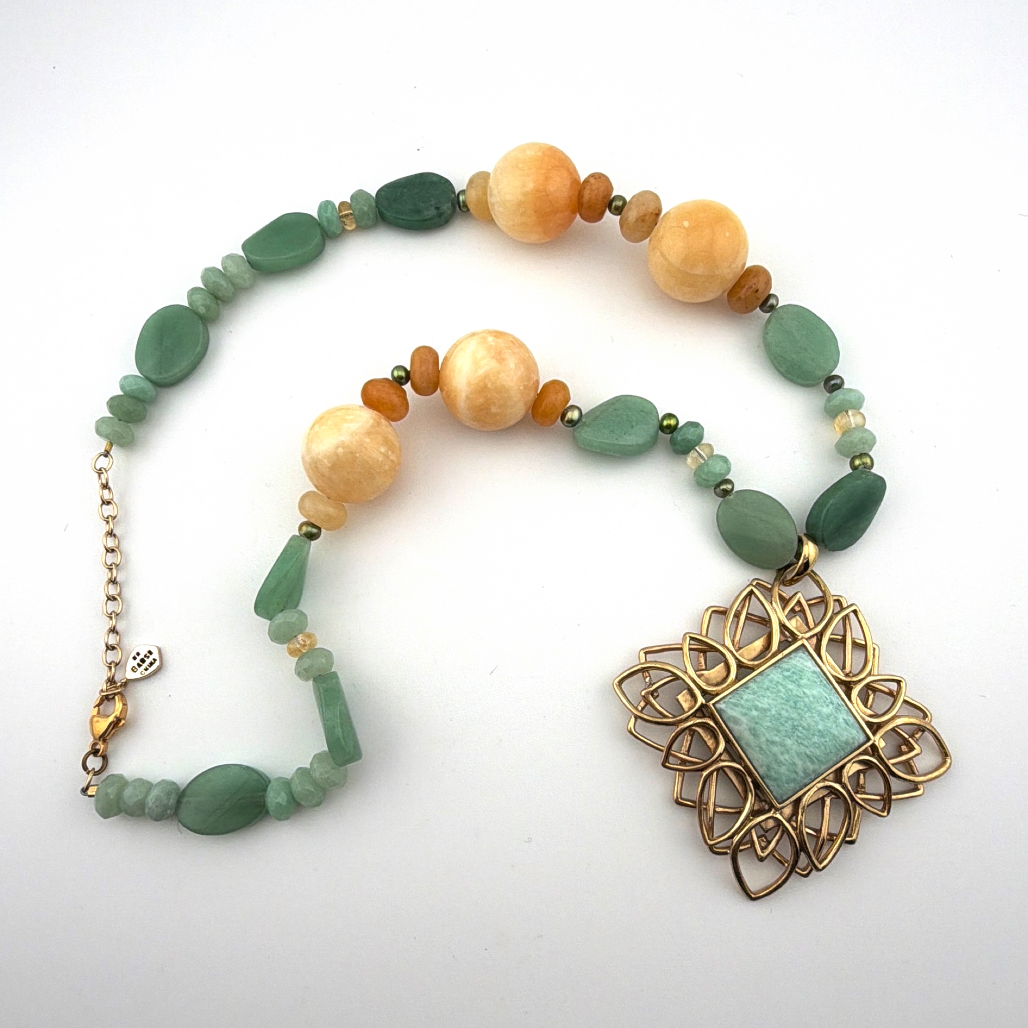 Barse Bronze Amazonite Aventurine Quartz 20in Openwork Diamond Pendant Beaded Necklace 118.12g — Front