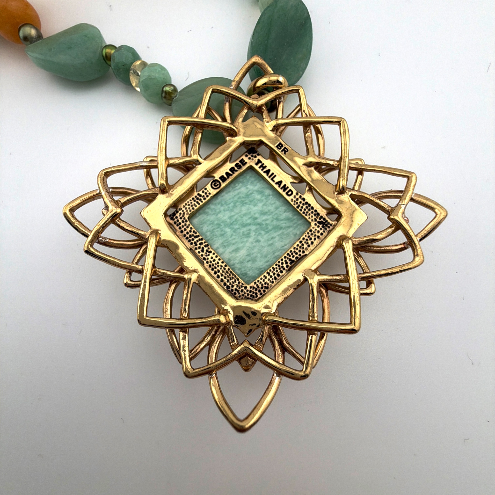 Barse Bronze Amazonite Aventurine Quartz 20in Openwork Diamond Pendant Beaded Necklace 118.12g — Front