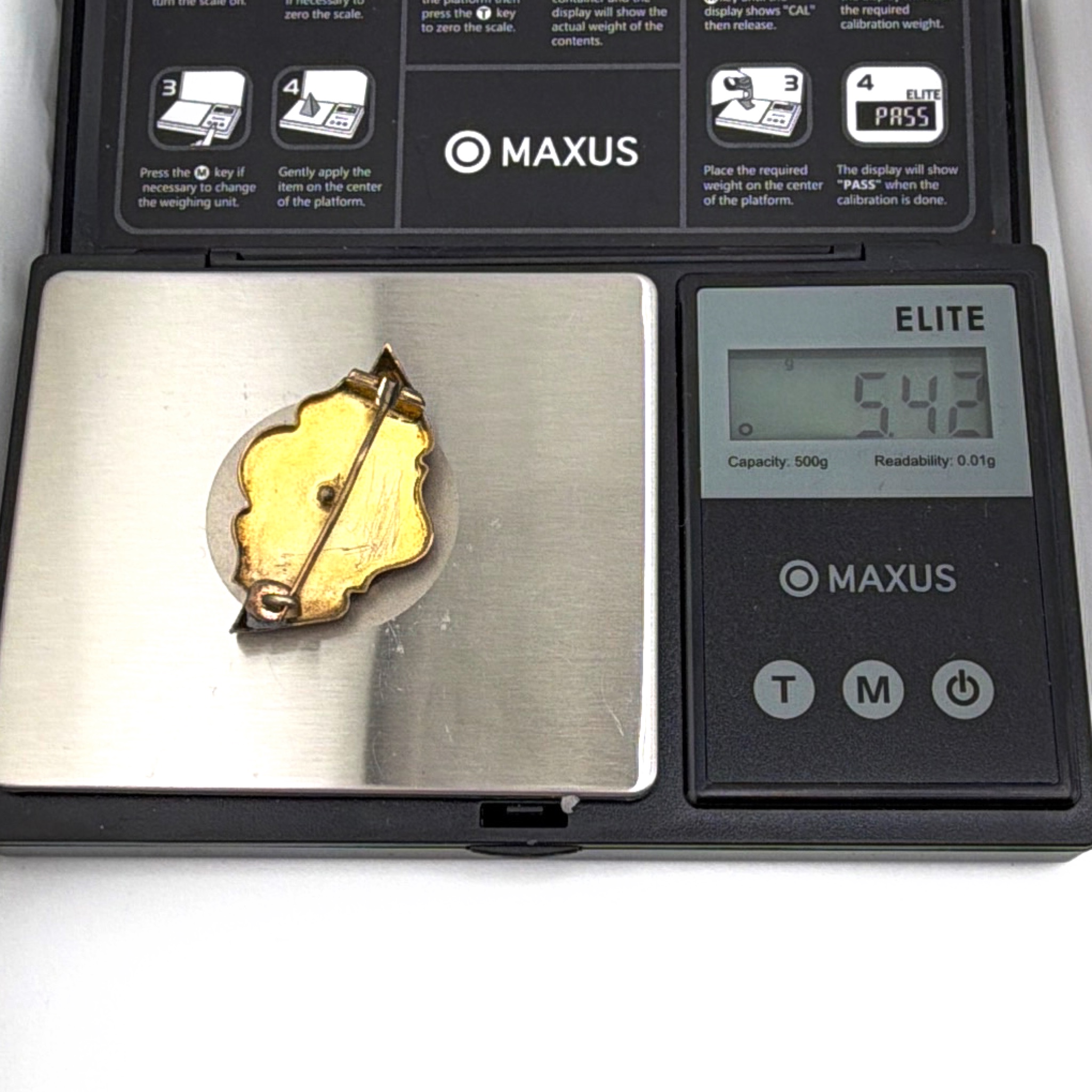 Victorian 9k Gold Black Enamel Buckle Brooch 5.42g — For scale