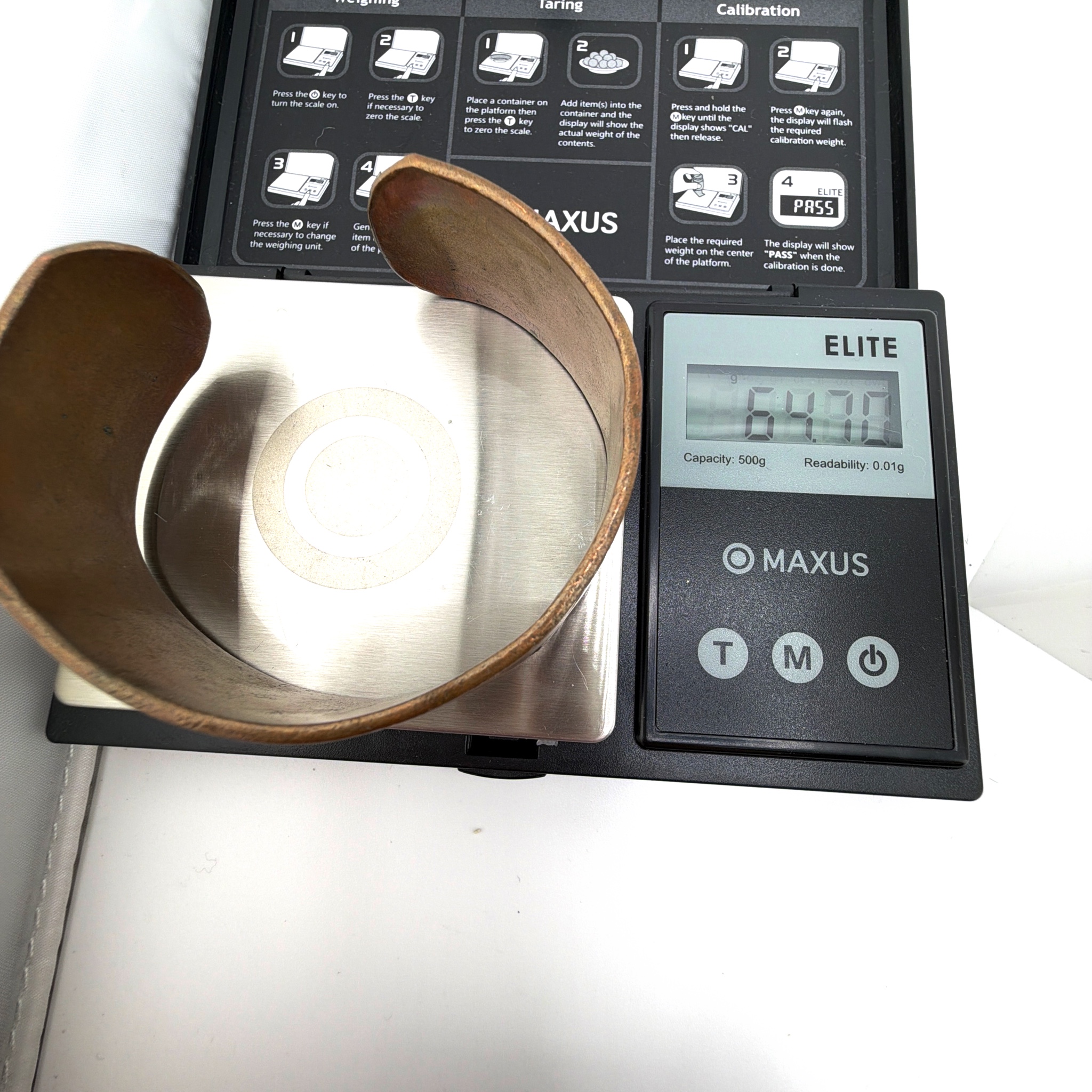 Vintage Copper Hand-Etched Geometric Cuff Bracelet, Signed ANACONDO 64.70g 6.5 in — For scale