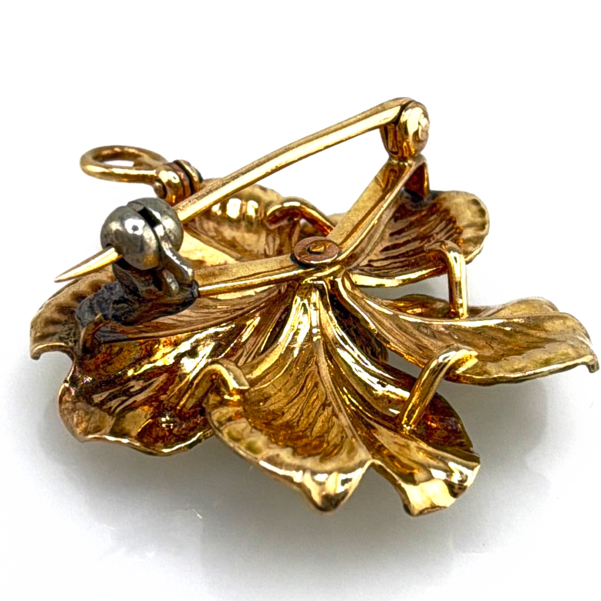 Antique 14K Gold Enamel Flower Brooch, Natural Mine Cut Diamond 5.98g — Back
