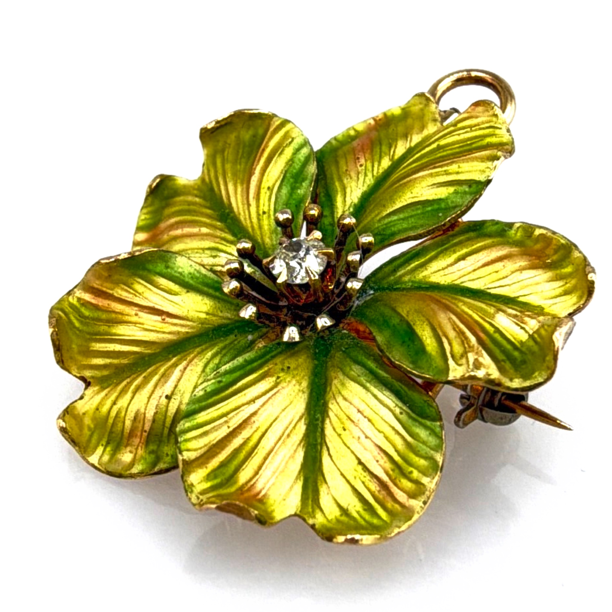 Antique 14K Gold Enamel Flower Brooch, Natural Mine Cut Diamond 5.98g — Side