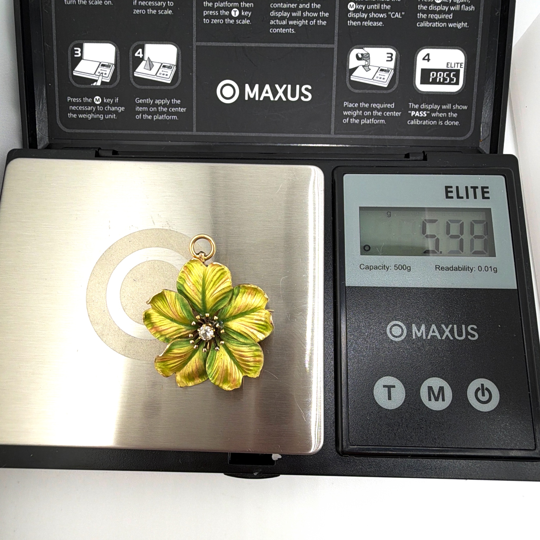 Antique 14K Gold Enamel Flower Brooch, Natural Mine Cut Diamond 5.98g — For scale