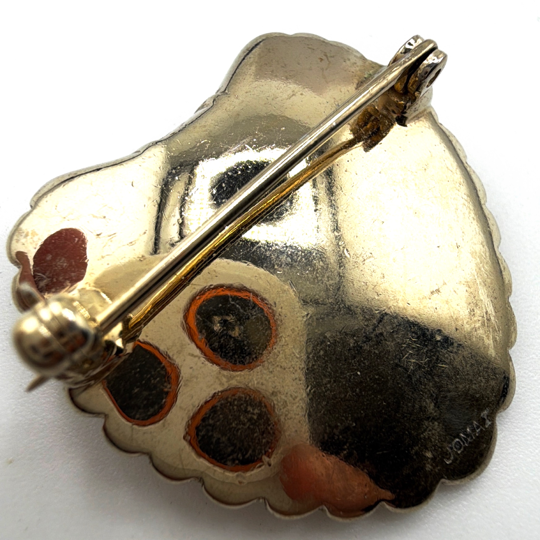Vintage Jomaz Gold Tone Shell Brooch, Faux Pearls & Rhinestones 13.90g — Back