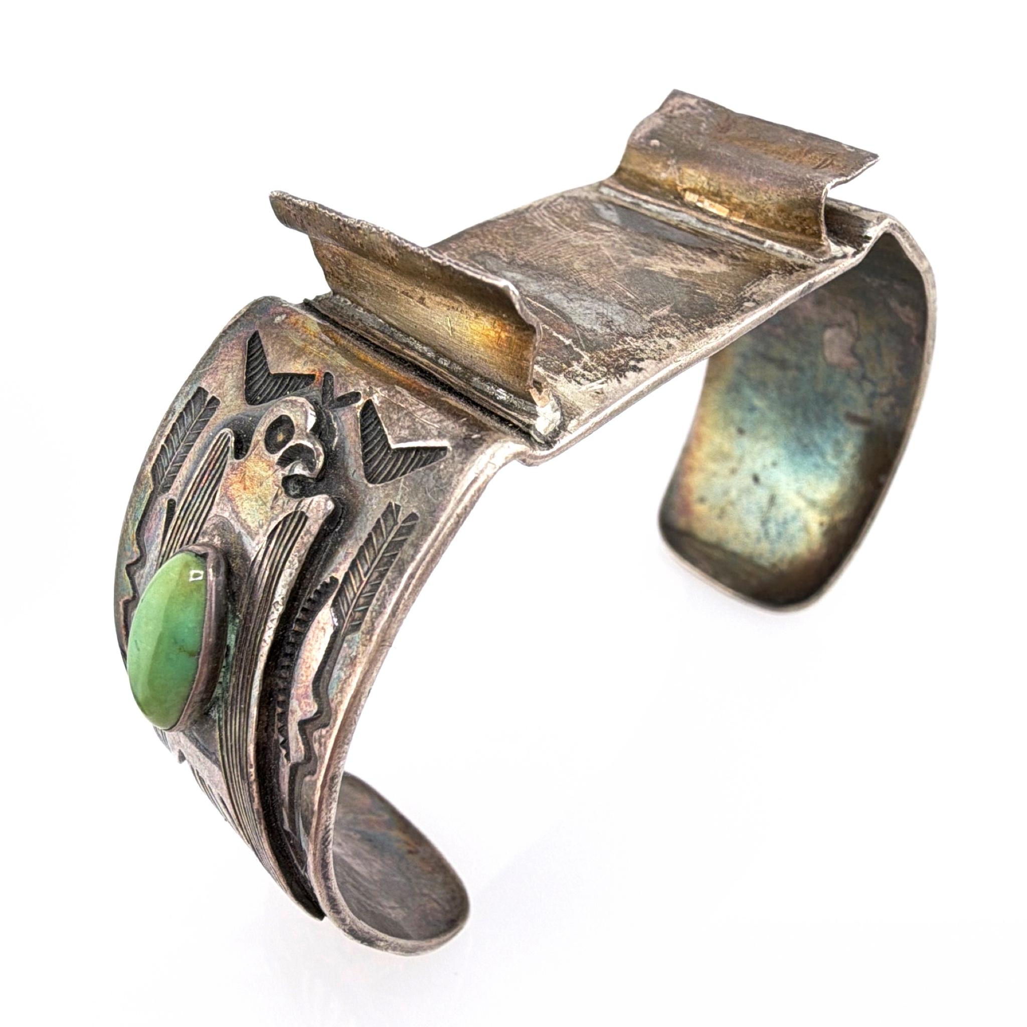 Mid-Century 50s–70s Sterling Silver Native Southwestern Thunderbird Cuff Bracelet 60.31g 6.5 in — Detail