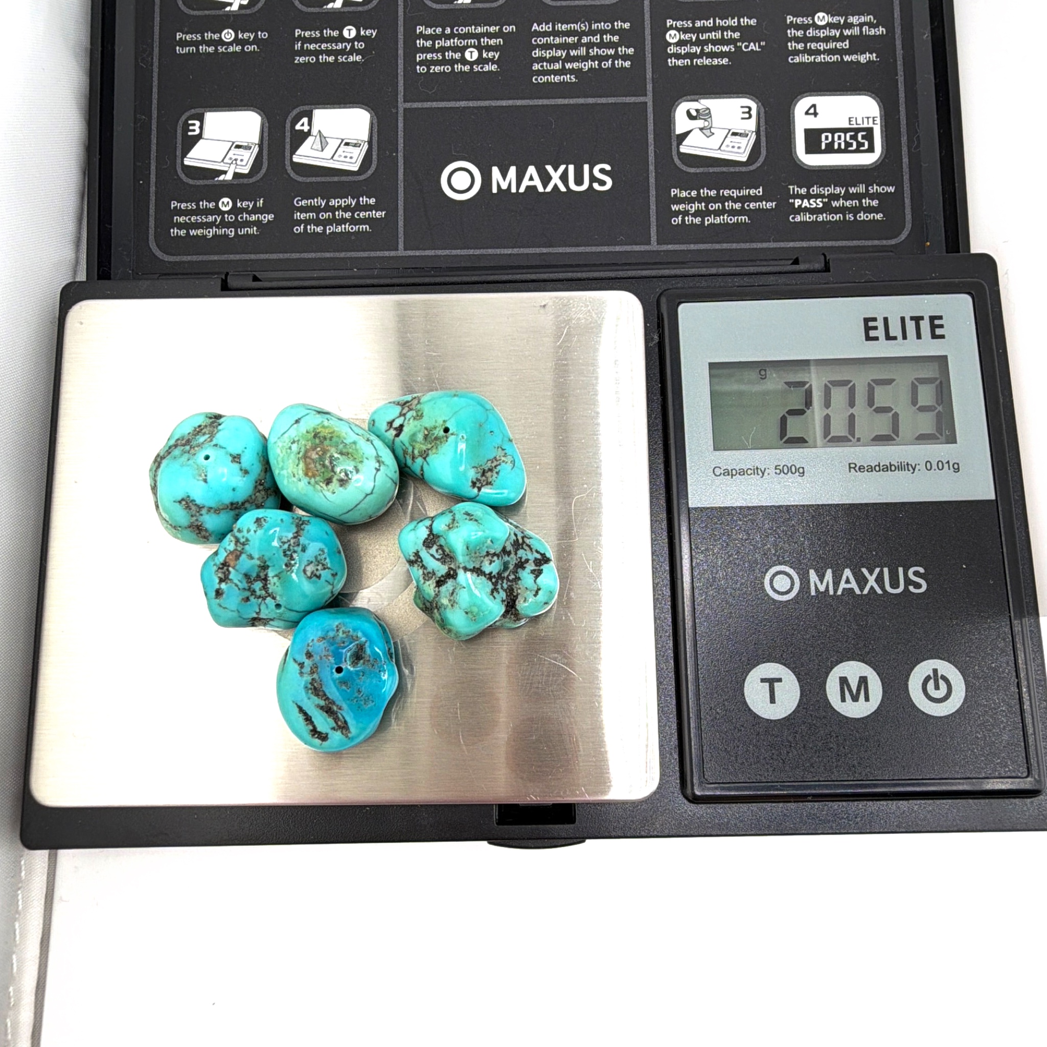 Turquoise Nugget Bead Lot, 6 Drilled Stones 20.59g — For scale