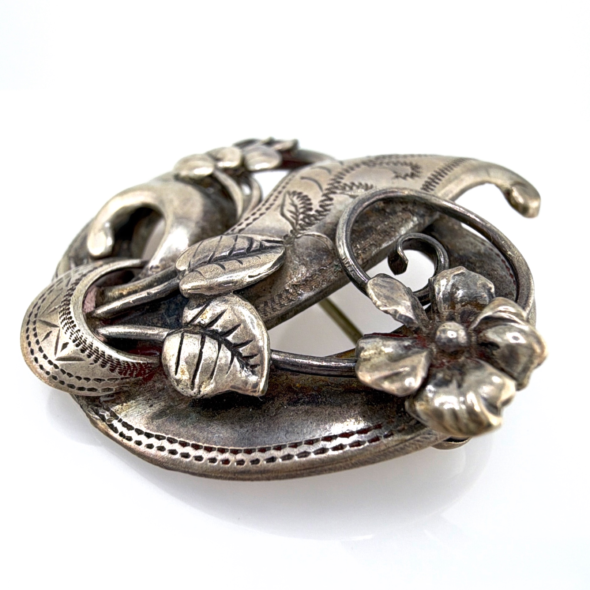 Victorian 1880s–1900s Sterling Silver GK Floral Scroll Brooch 9.88g — Side
