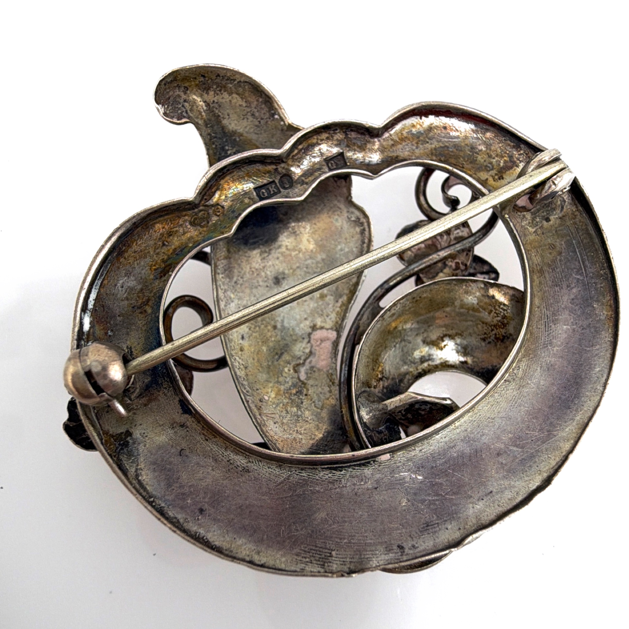 Victorian 1880s–1900s Sterling Silver GK Floral Scroll Brooch 9.88g — Back