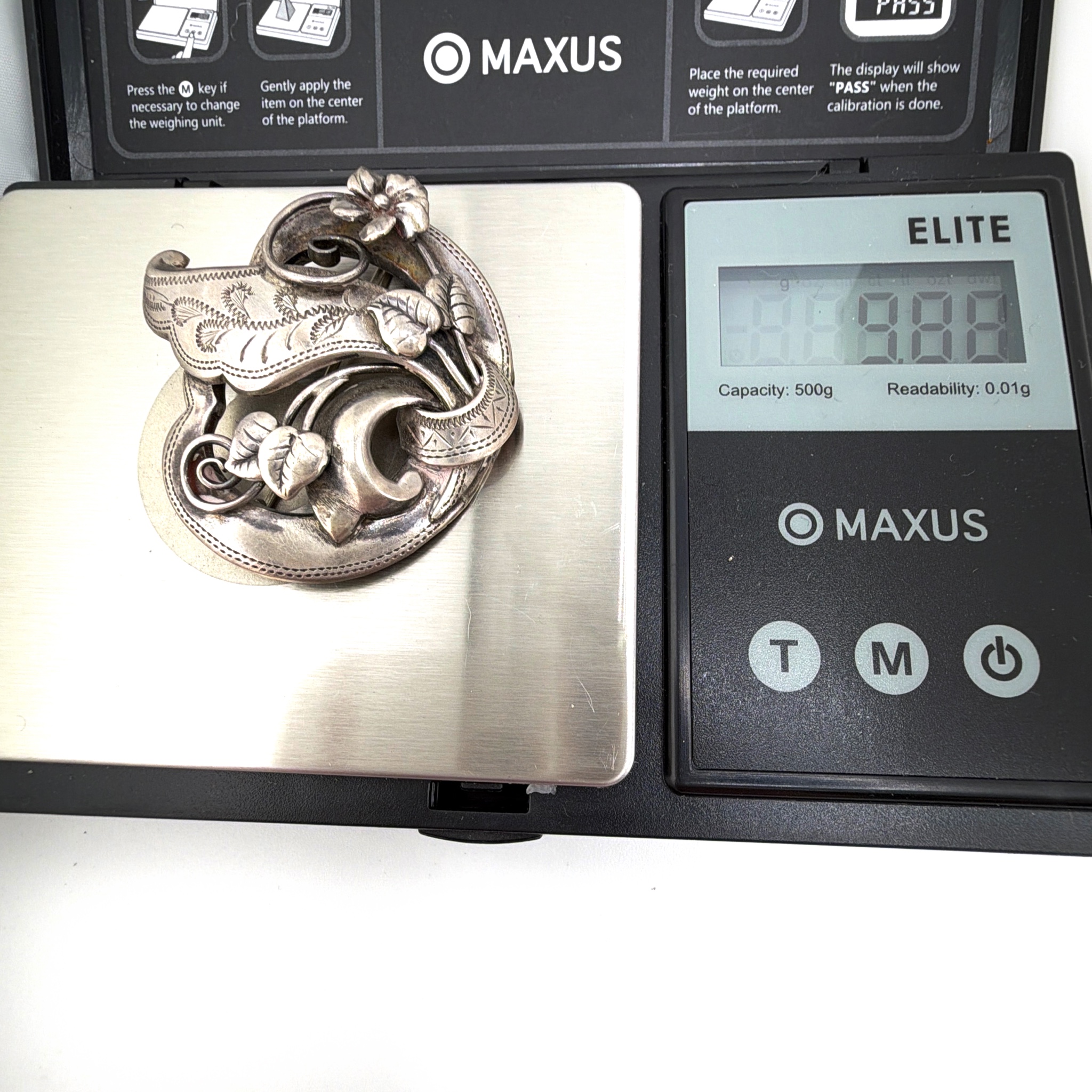 Victorian 1880s–1900s Sterling Silver GK Floral Scroll Brooch 9.88g — For scale