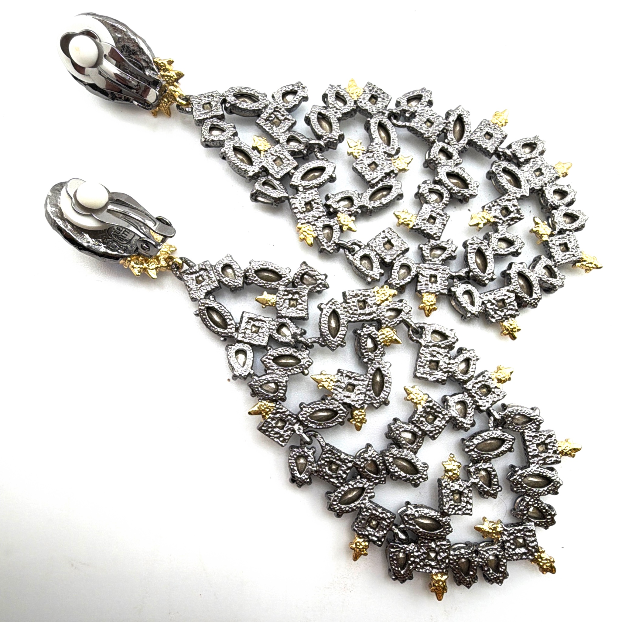 Signed Alexis Bittar Blue Rhinestone Chandelier Clip Earrings 44.29g 3.7 in — Detail