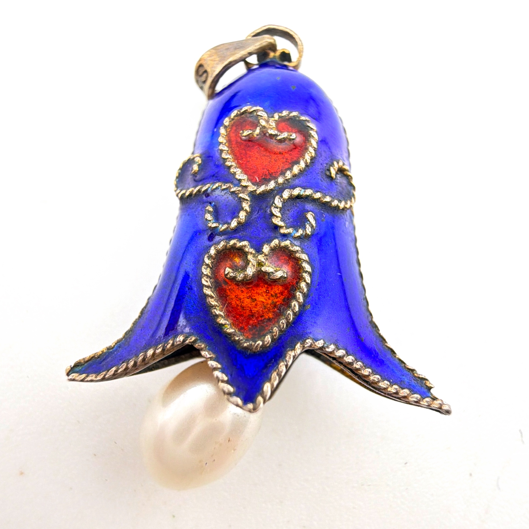 Mid-Century 40s–60s 1.125 in Scandinavian Sterling Silver Enamel Heart Bell Flower Pearl Drop Pendant 3.21g — Front