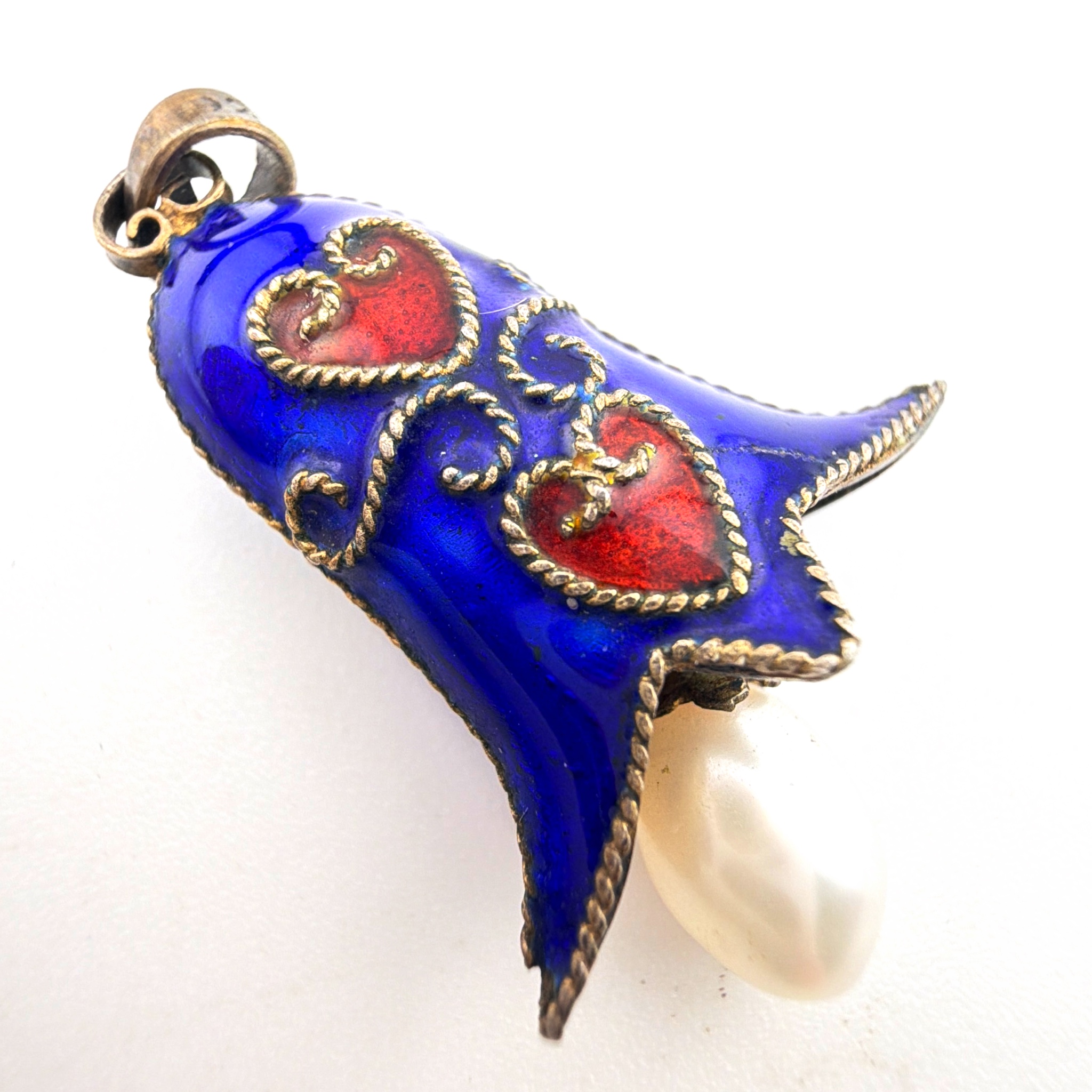 Mid-Century 40s–60s 1.125 in Scandinavian Sterling Silver Enamel Heart Bell Flower Pearl Drop Pendant 3.21g — Side