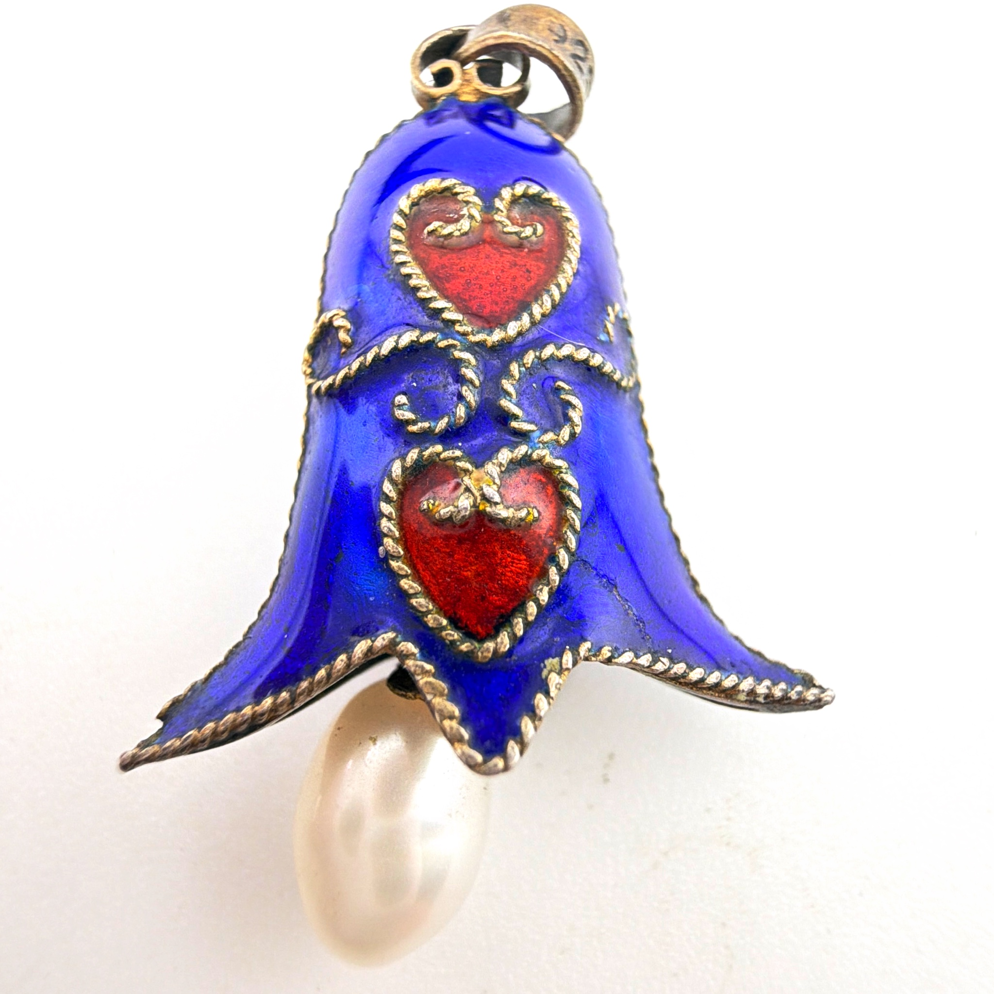 Mid-Century 40s–60s 1.125 in Scandinavian Sterling Silver Enamel Heart Bell Flower Pearl Drop Pendant 3.21g — Back
