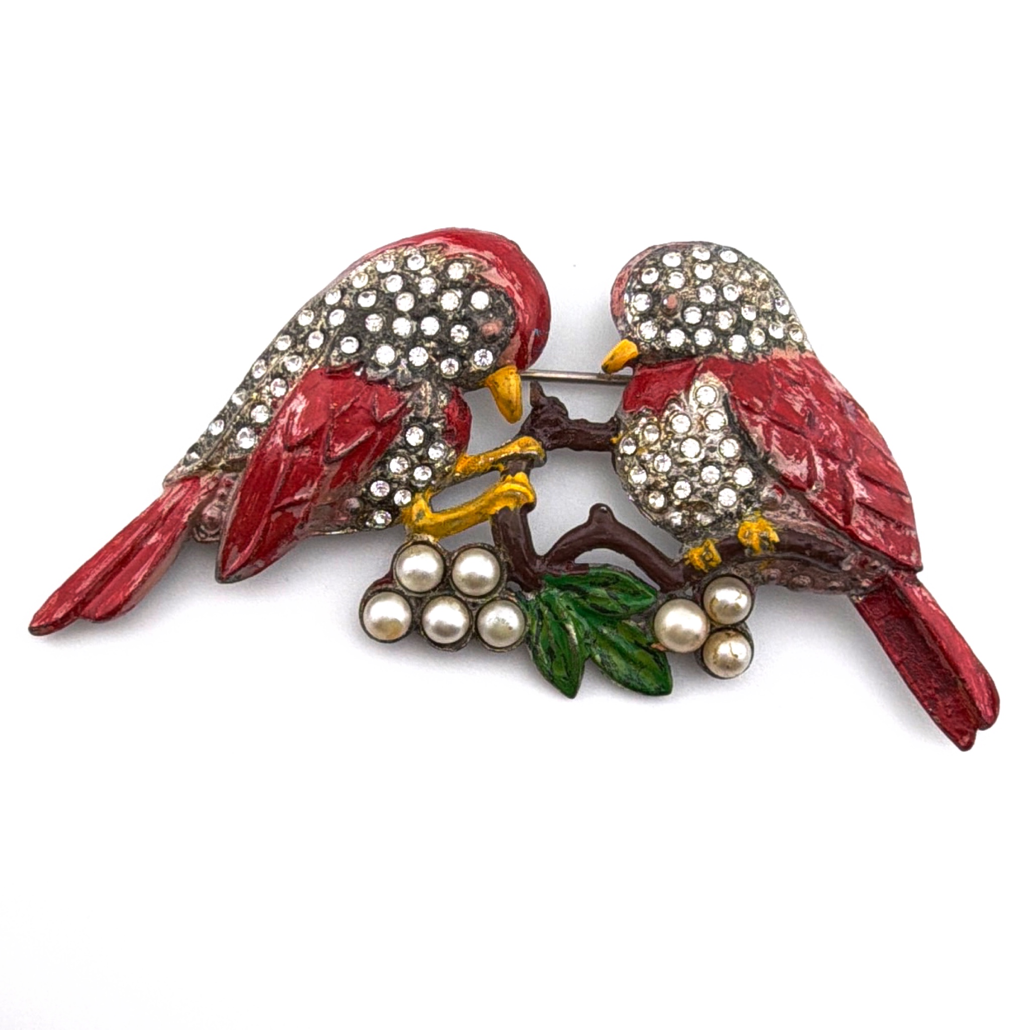 Retro 30s–50s 3.25 in Silver Tone Rhinestone Figural Double Bird Brooch 30.64g — Front