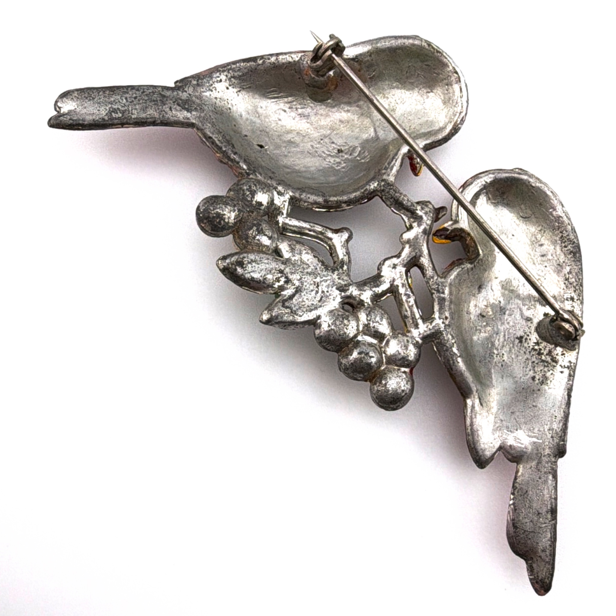 Retro 30s–50s 3.25 in Silver Tone Rhinestone Figural Double Bird Brooch 30.64g — Side