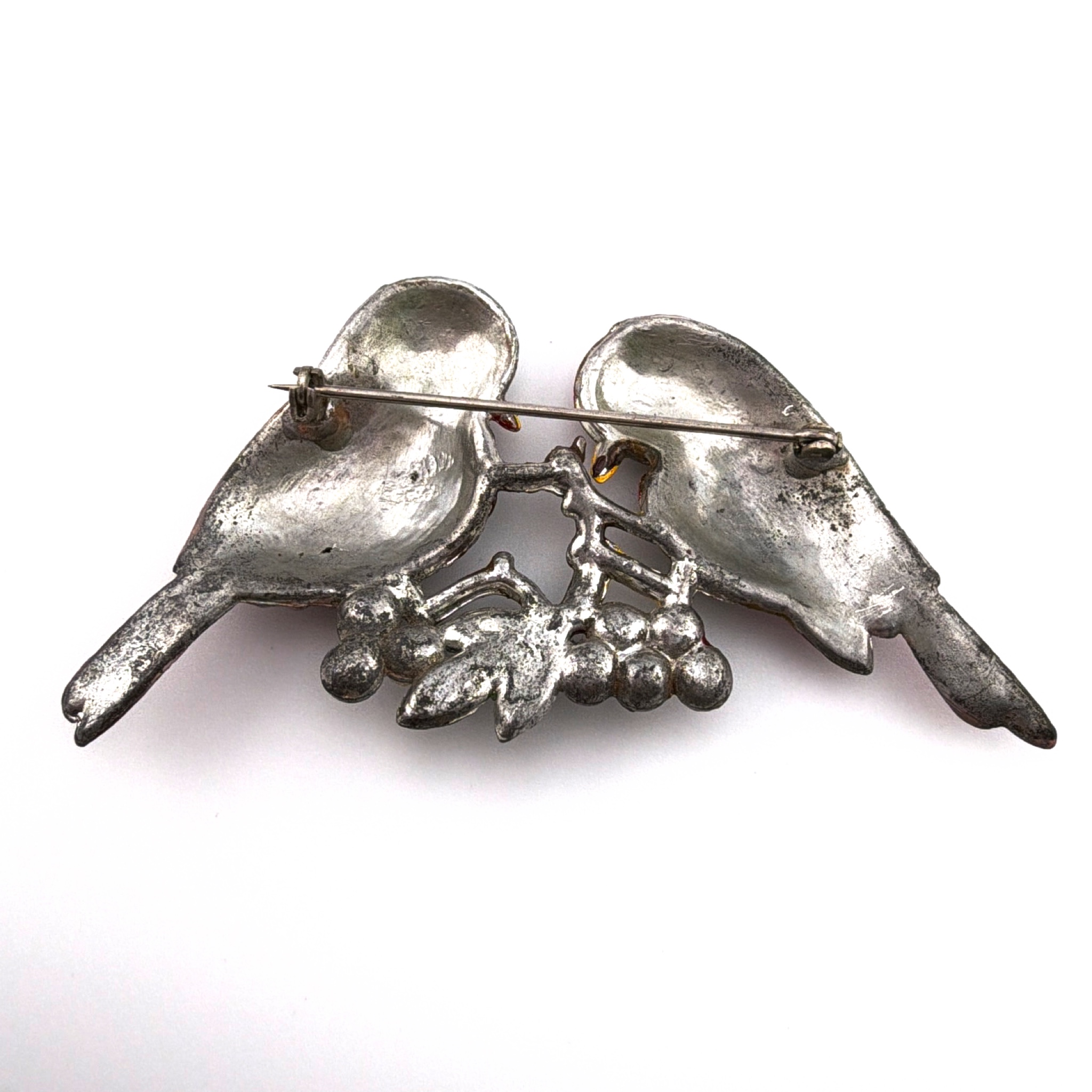 Retro 30s–50s 3.25 in Silver Tone Rhinestone Figural Double Bird Brooch 30.64g — Front