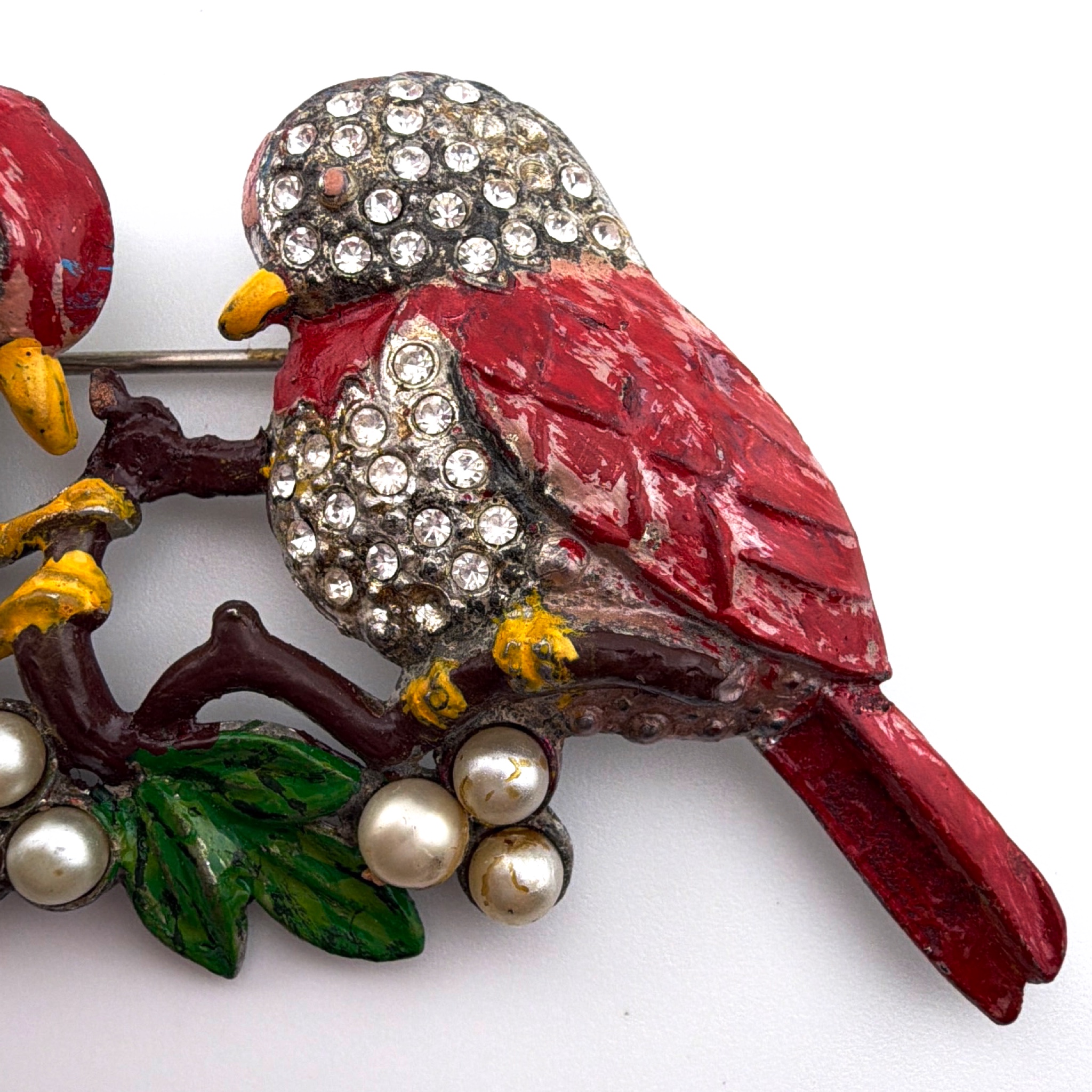 Retro 30s–50s 3.25 in Silver Tone Rhinestone Figural Double Bird Brooch 30.64g — Detail