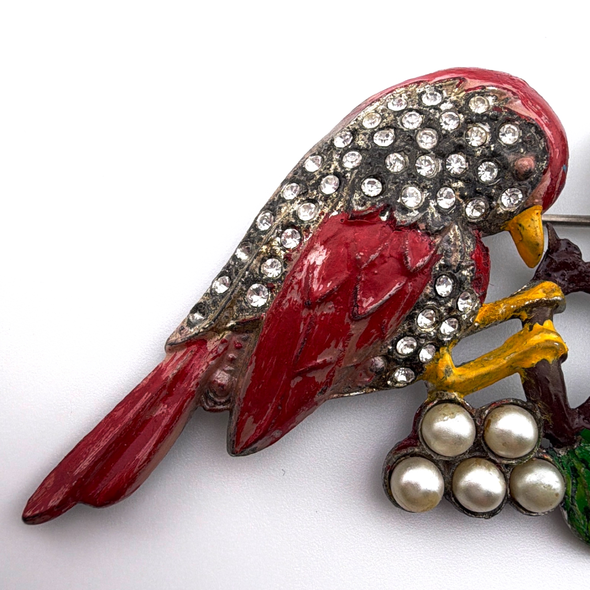 Retro 30s–50s 3.25 in Silver Tone Rhinestone Figural Double Bird Brooch 30.64g — Front
