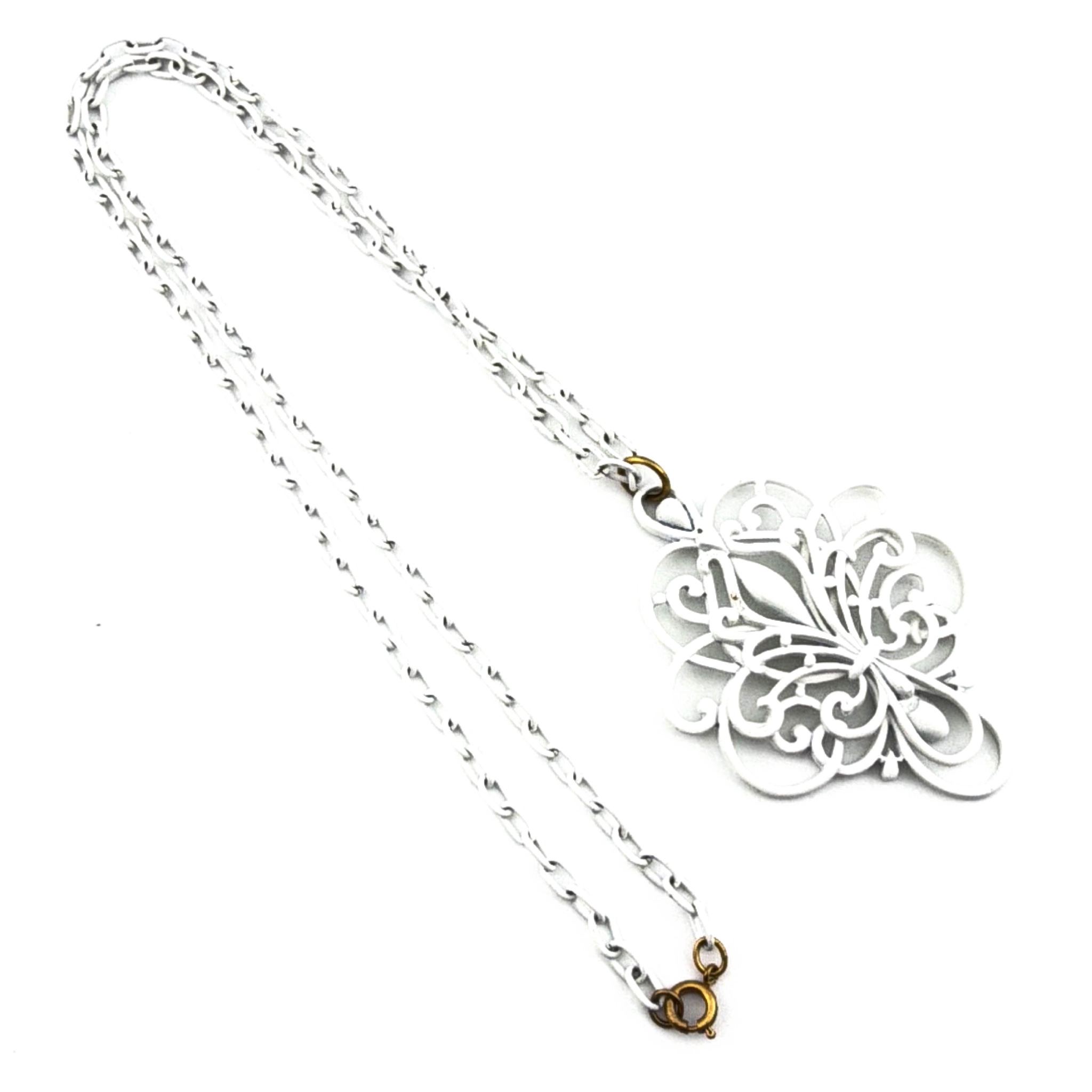 70s White Openwork Scroll Medallion Pendant Necklace — Side