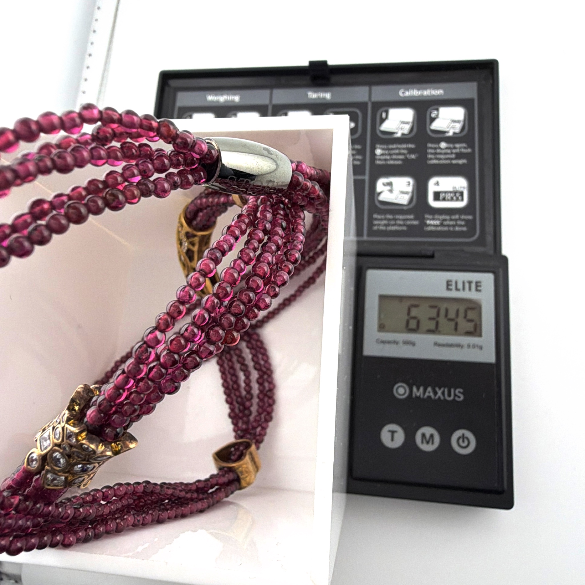 STORY by Kranz & Ziegler Sterling 22 in Multi-Strand Garnet Bead Charm Necklace Bracelet 63.45g — For scale