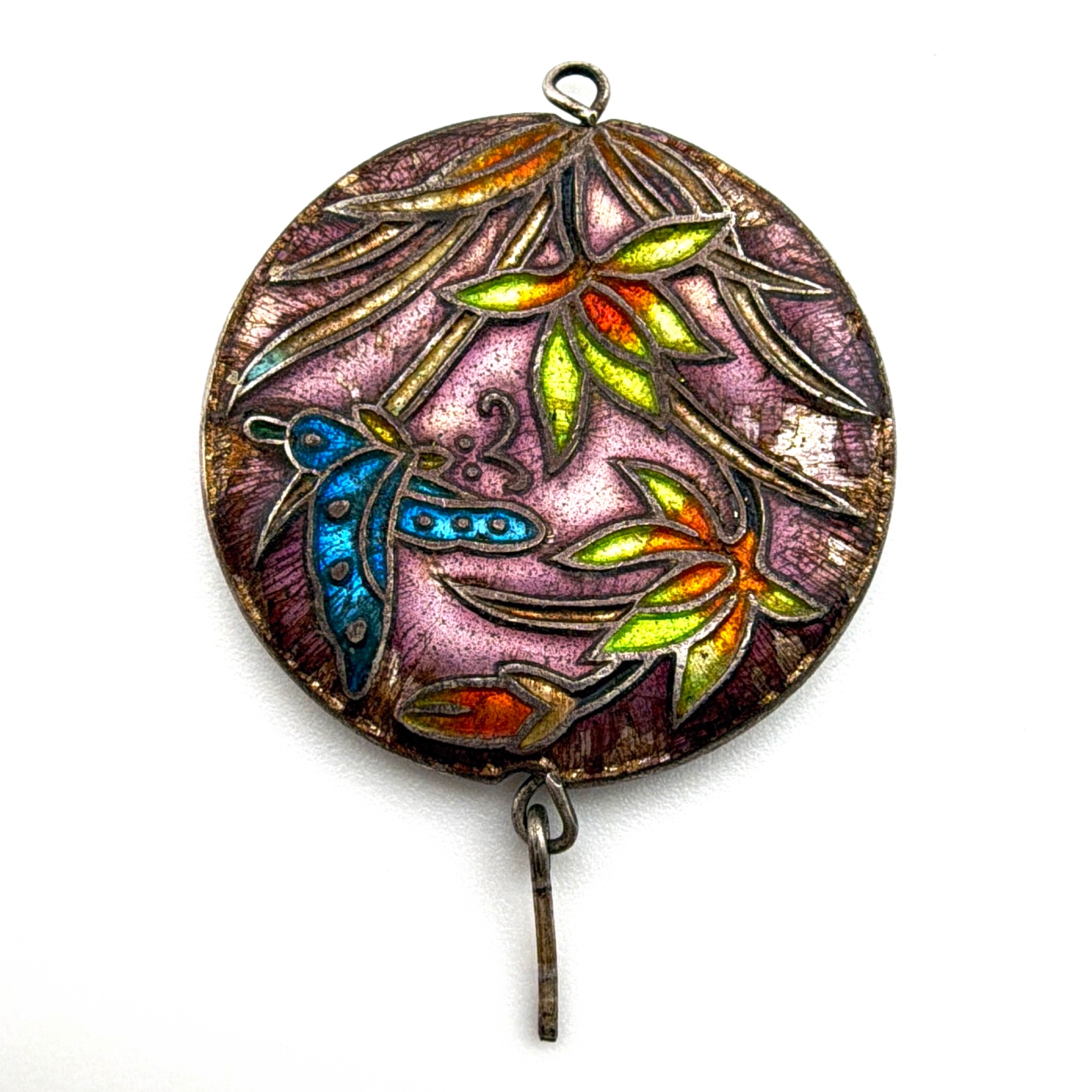 Vintage Silver Tone Cloisonne Dragonfly Enamel Medallion Pendant 3.12g — Front