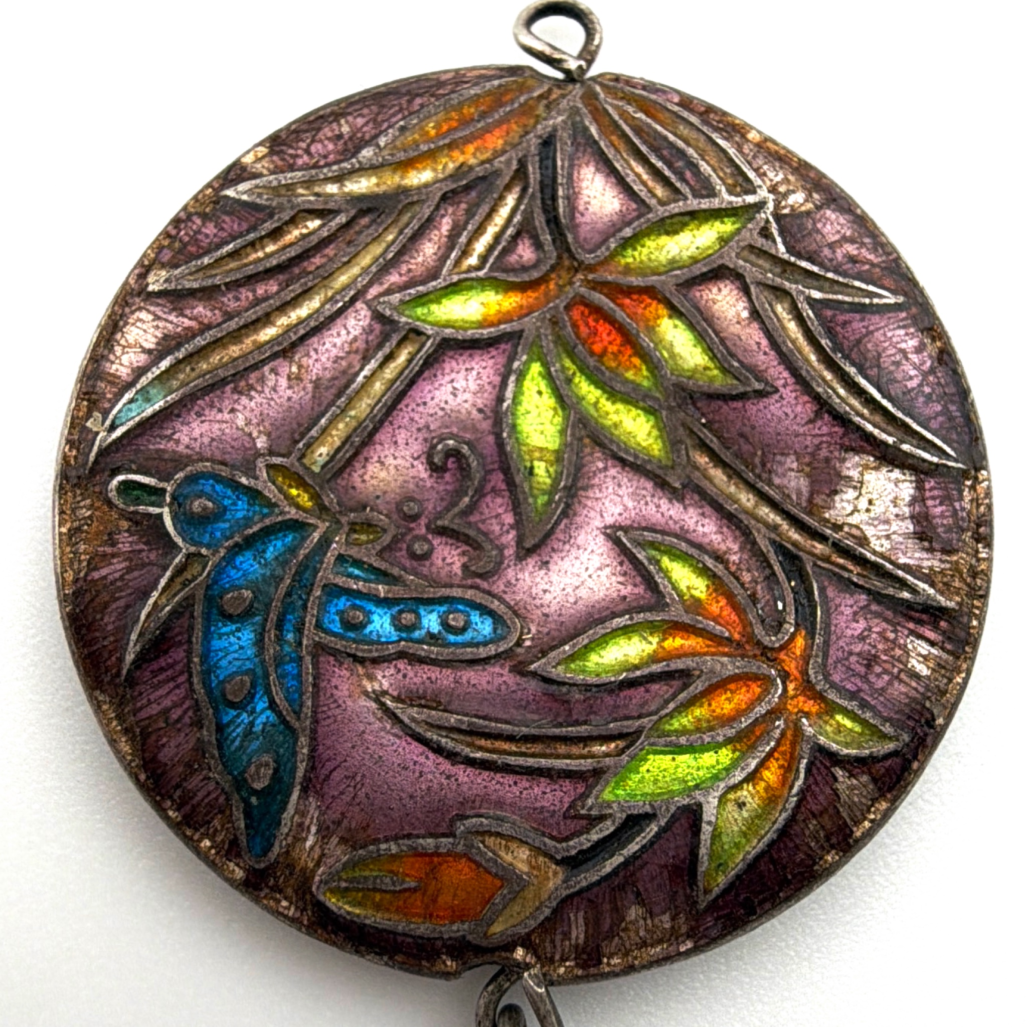 Vintage Silver Tone Cloisonne Dragonfly Enamel Medallion Pendant 3.12g — Side