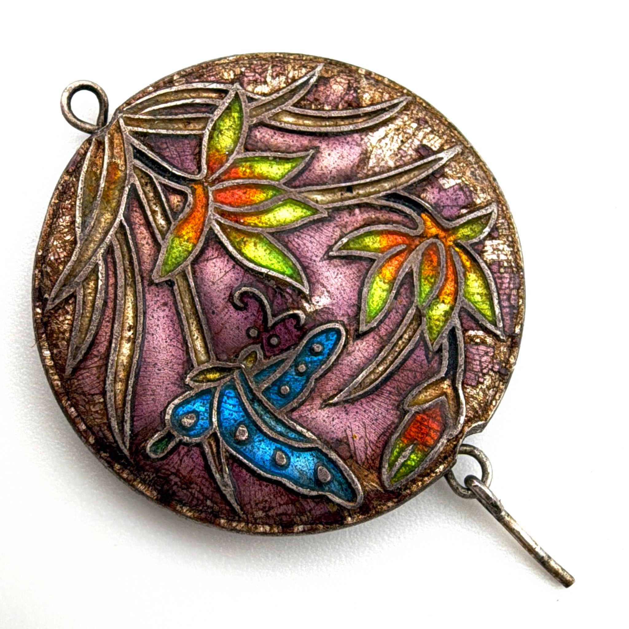 Vintage Silver Tone Cloisonne Dragonfly Enamel Medallion Pendant 3.12g — Back