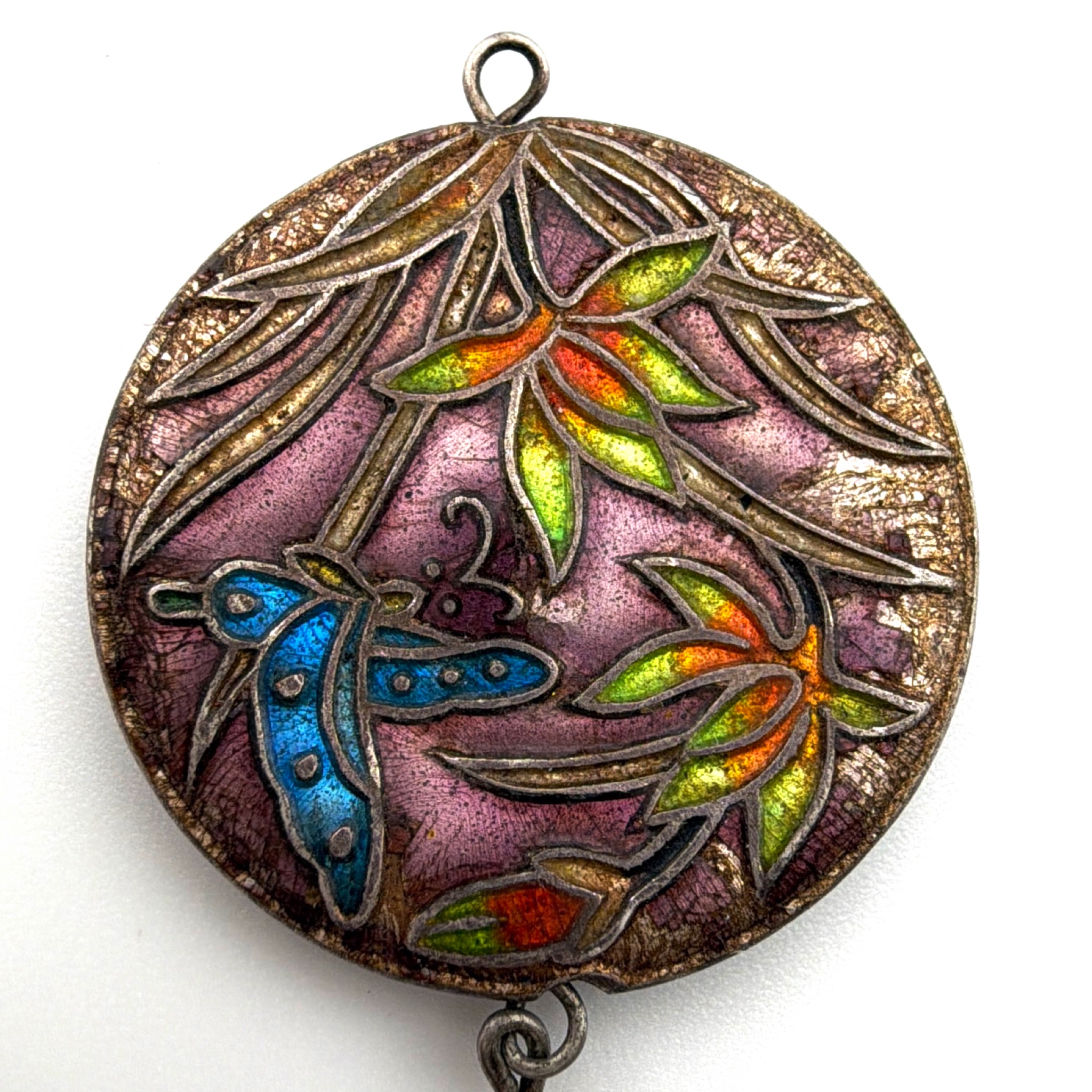 Vintage Silver Tone Cloisonne Dragonfly Enamel Medallion Pendant 3.12g — Front