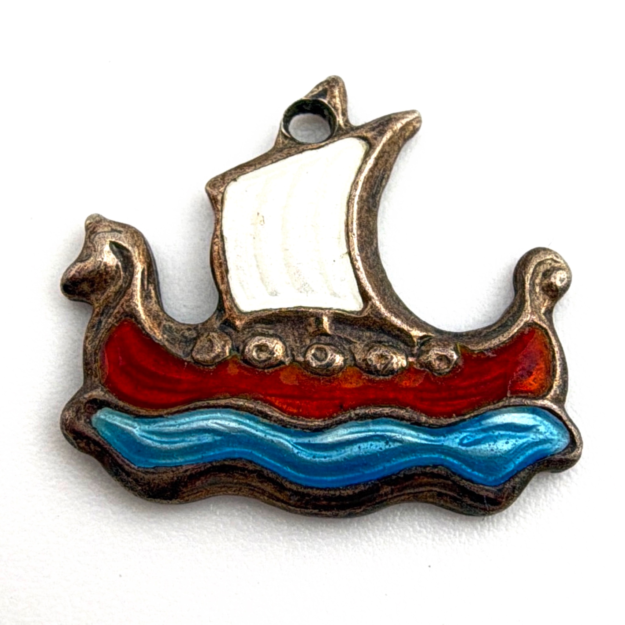 Mid-Century 40s–60s Sterling Enamel Viking Ship Charm 1.45g — Front