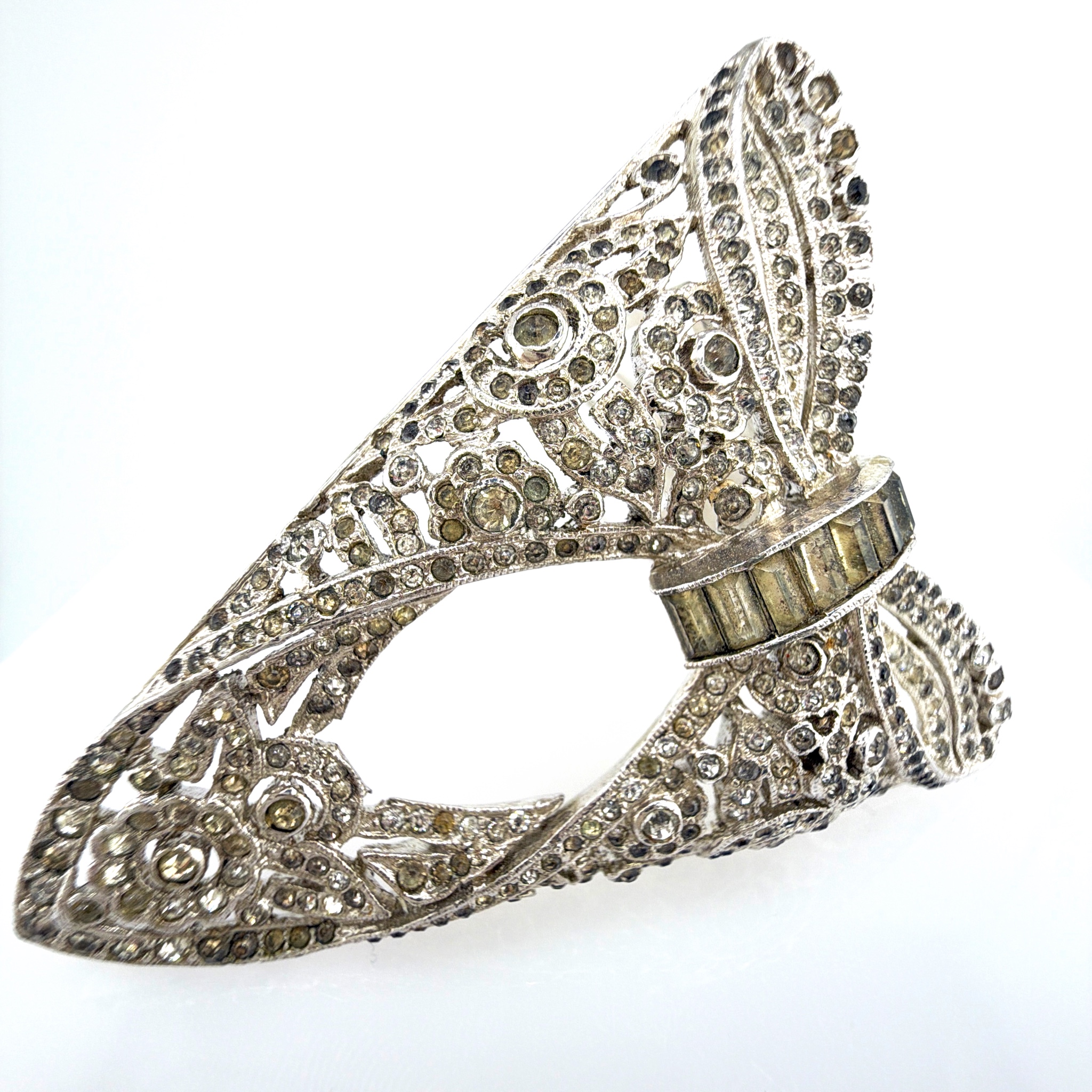 Vintage Silver Tone Rhinestone Dress Clip Bow Brooch, Baguette Accent 18.
