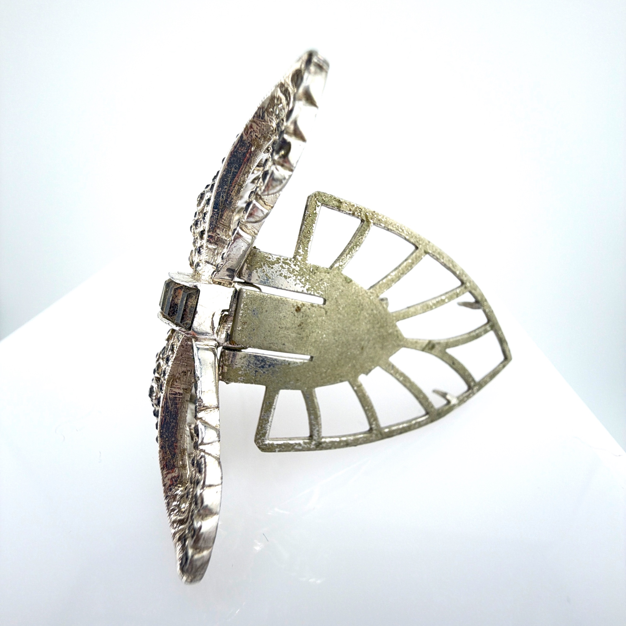 Vintage Silver Tone Rhinestone Dress Clip Bow Brooch, Baguette Accent 18. — Side