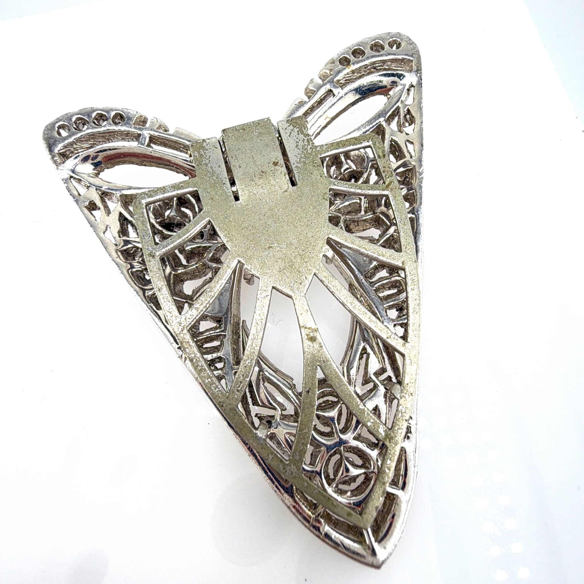 Vintage Silver Tone Rhinestone Dress Clip Bow Brooch, Baguette Accent 18. — Back