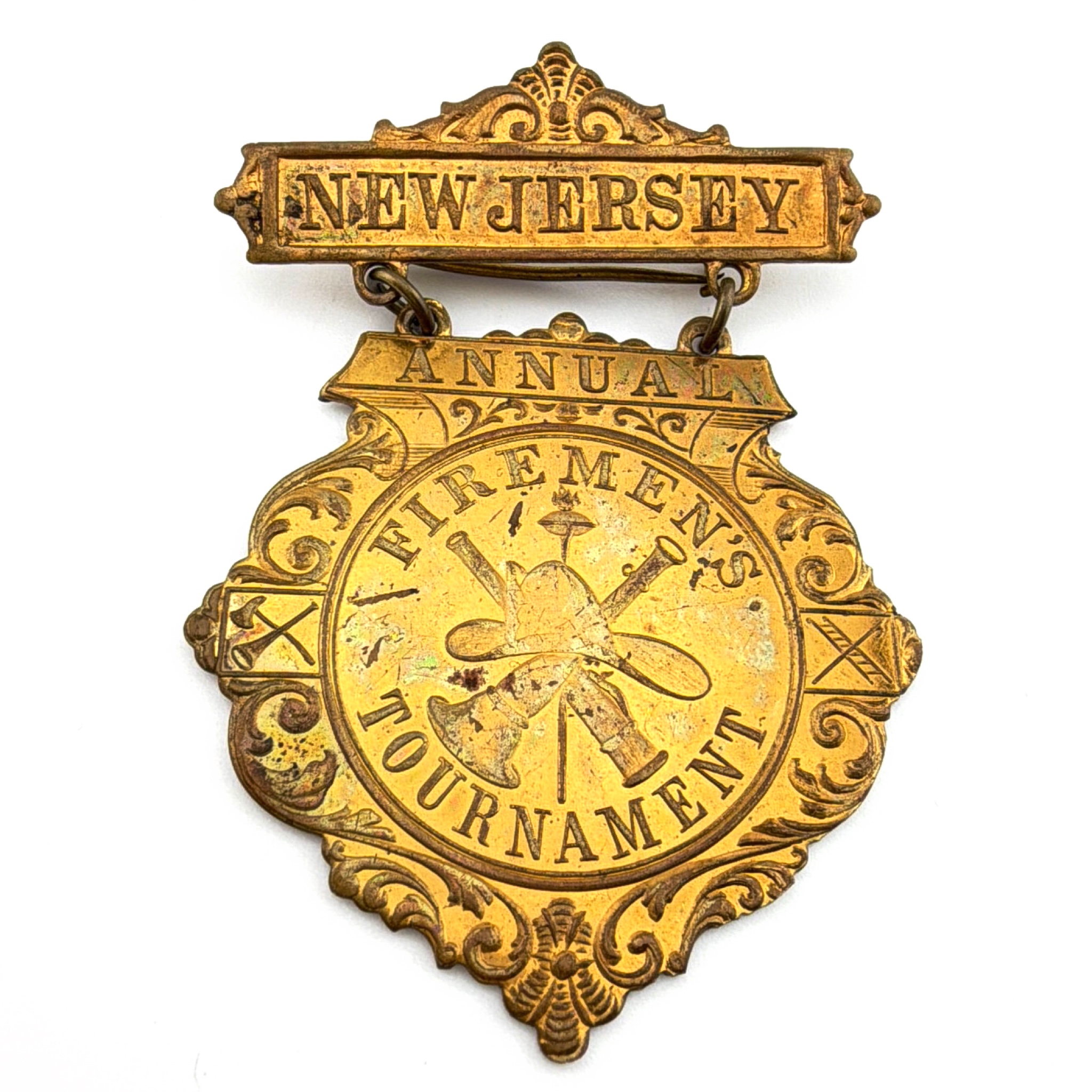 Victorian 1890s–1910s 2 in Brass Schwaab New Jersey Firemen’s Tournament Ribbon Badge Pin 9.05g