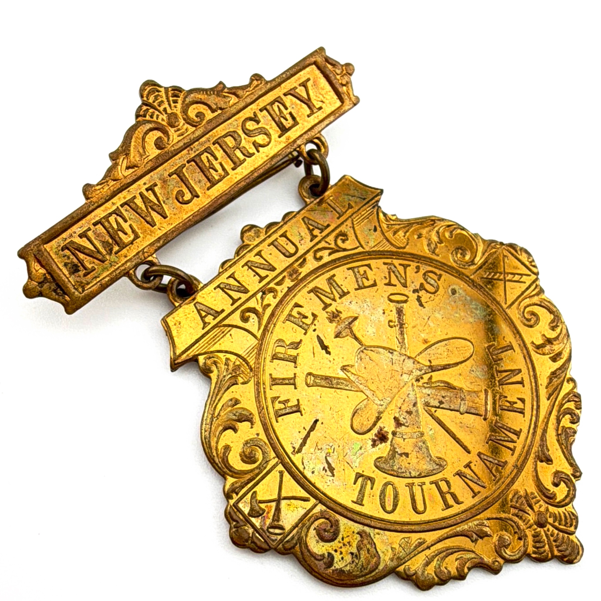 Victorian 1890s–1910s 2 in Brass Schwaab New Jersey Firemen’s Tournament Ribbon Badge Pin 9.05g — Front