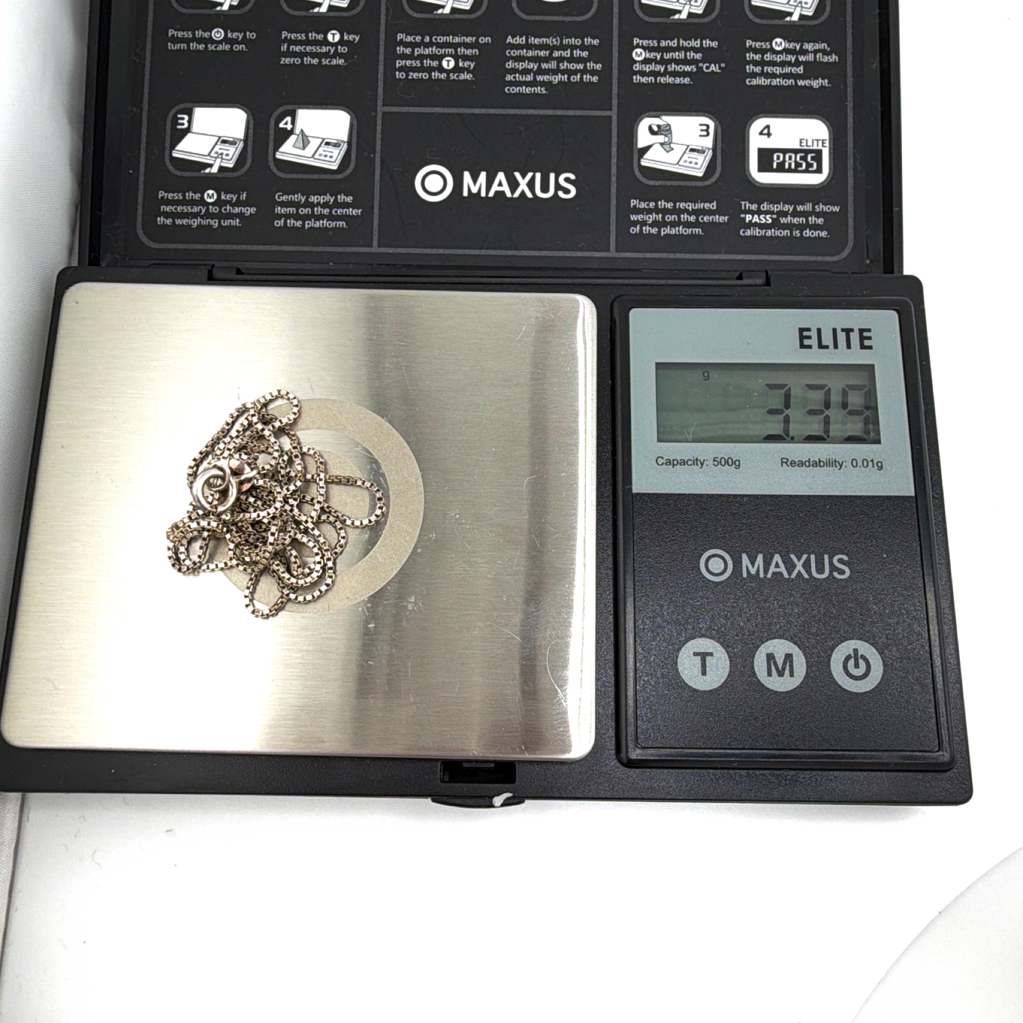Sterling Silver Italy Box Chain Necklace 24.4in 3.39g — For scale