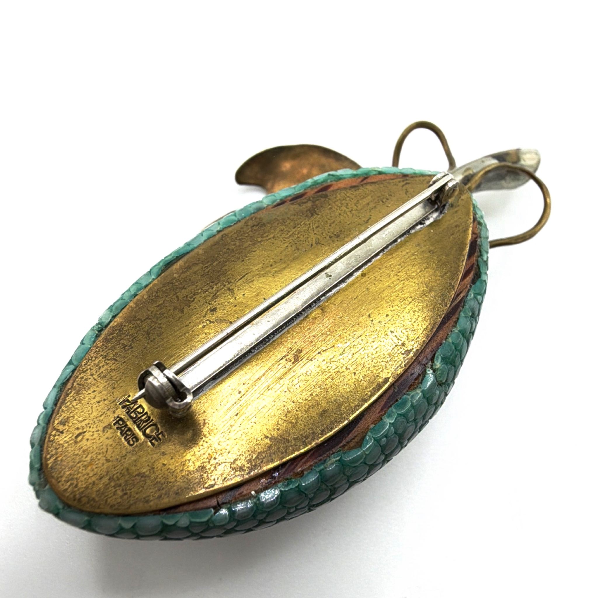 Vintage Fabrice Paris Gold Tone Oak Leaf Brooch, Shagreen Accent 25.38g — Back
