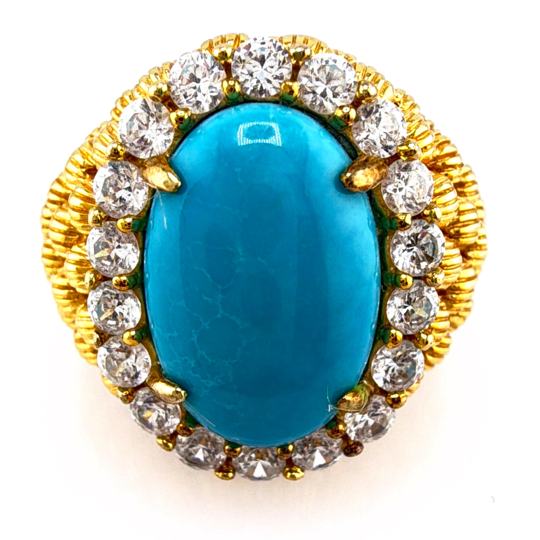Y2K 1990s–2000s Sterling Silver Gold Vermeil Turquoise Rhinestone Ring Size 9, 9.34g — Front
