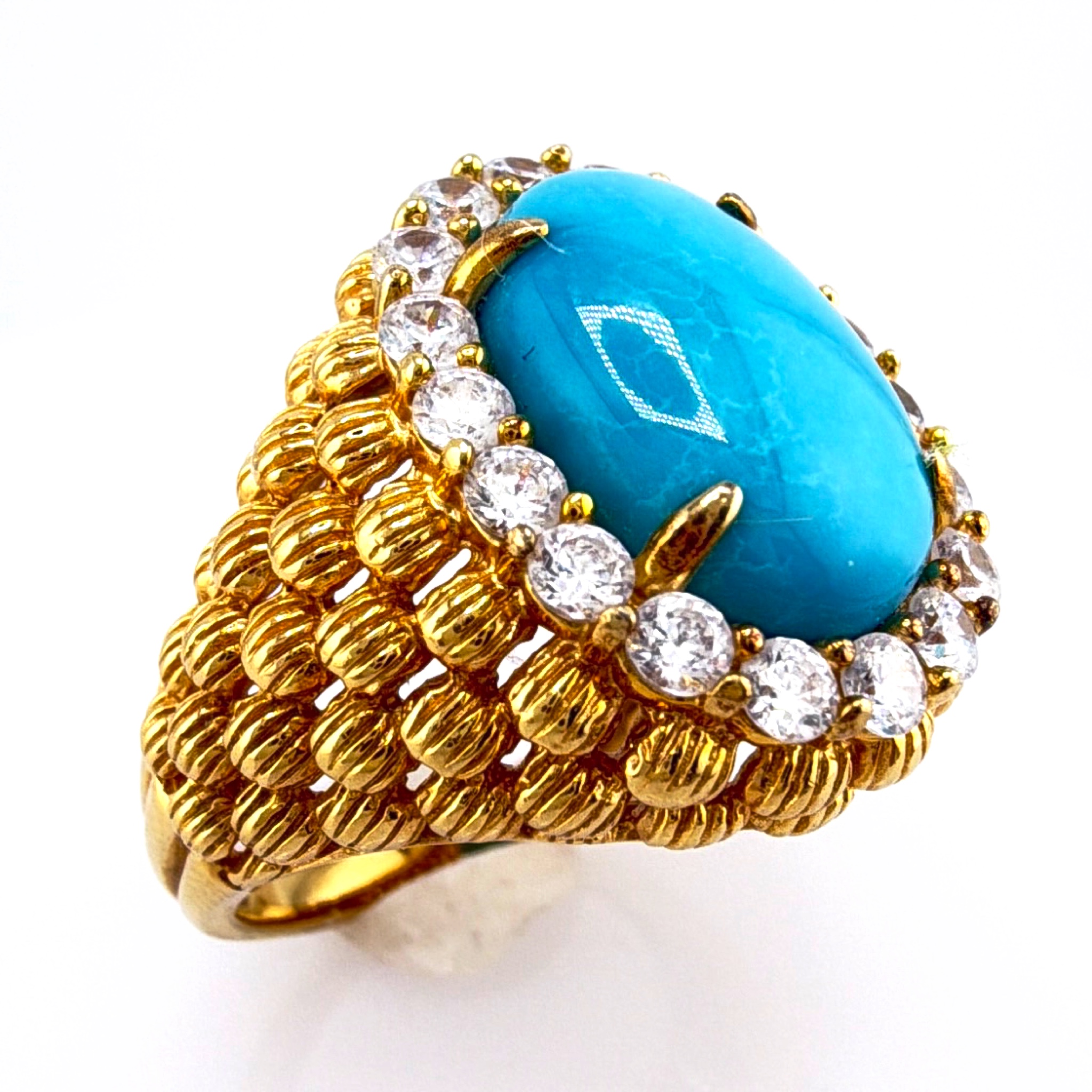 Y2K 1990s–2000s Sterling Silver Gold Vermeil Turquoise Rhinestone Ring Size 9, 9.34g — Front