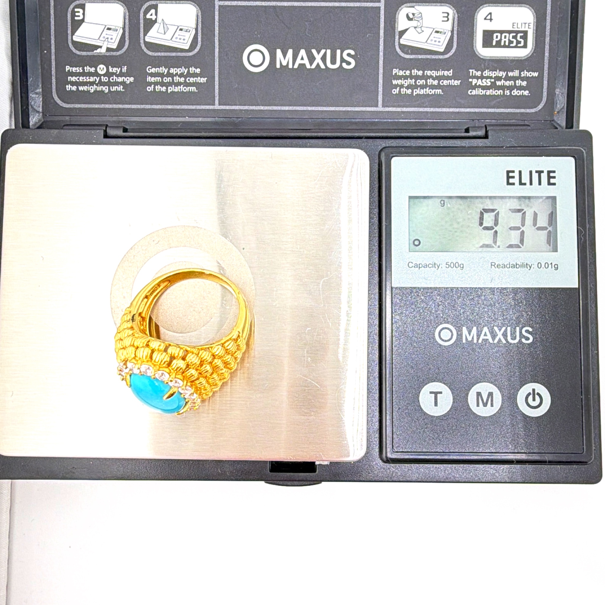 Y2K 1990s–2000s Sterling Silver Gold Vermeil Turquoise Rhinestone Ring Size 9, 9.34g — For scale