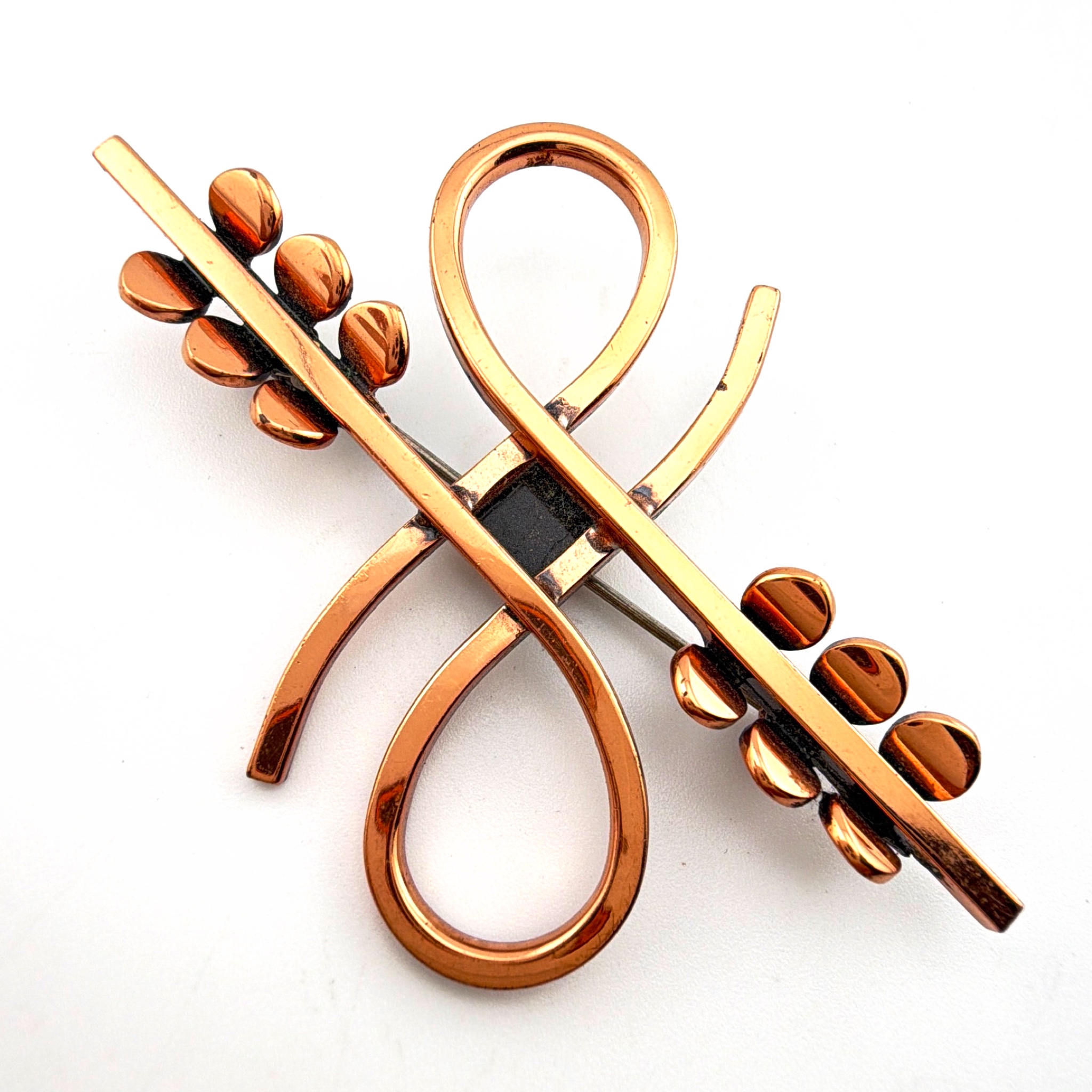 Mid-Century 50s–60s 2.6 in Signed Renoir Copper Modernist Ribbon Brooch 12.23g — Front