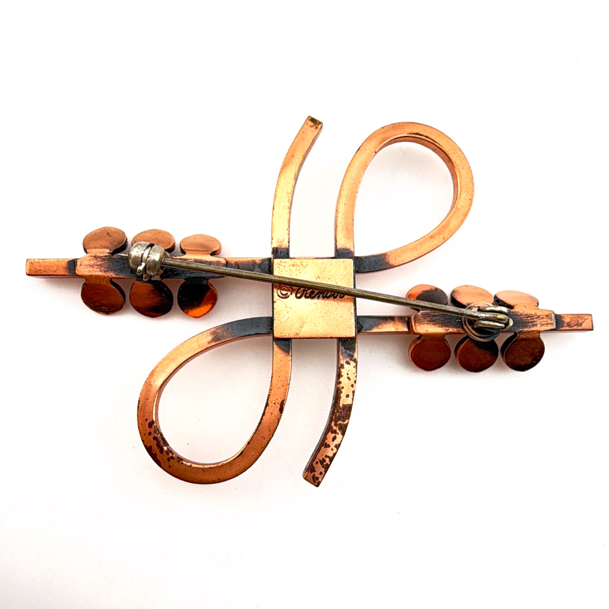 Mid-Century 50s–60s 2.6 in Signed Renoir Copper Modernist Ribbon Brooch 12.23g — Back