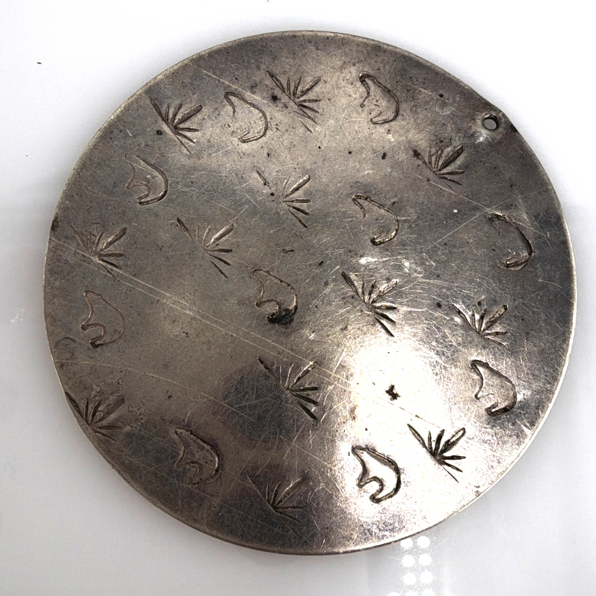 Vintage Native Signed CC 80s Sterling Silver Hand-Stamped Bear Track Disc Pendant 10.61g — Back