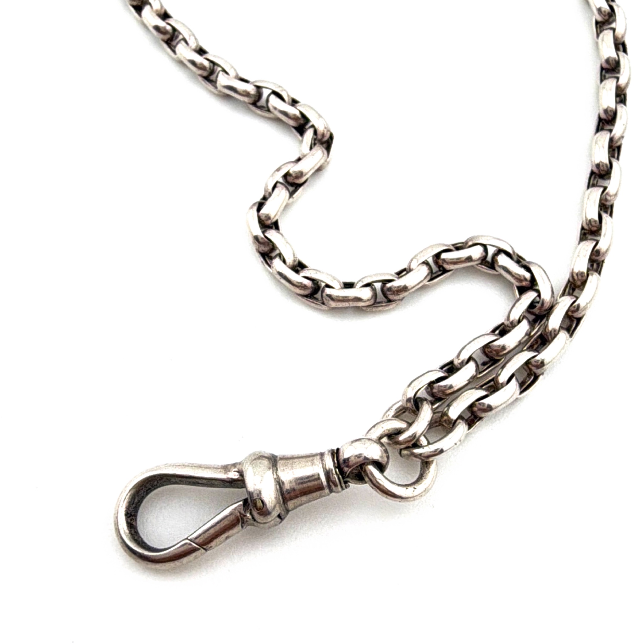 Victorian 1880s–1910s Sterling Cable Link Watch Chain, Dog Clip 39.42g 59in — Front