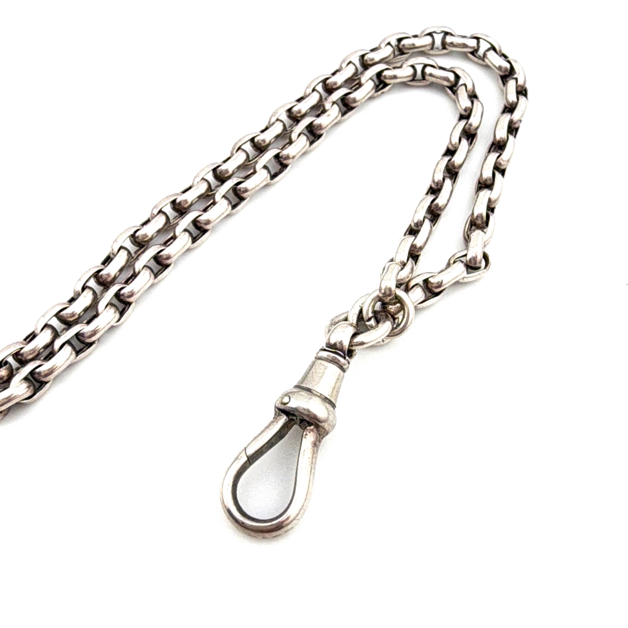 Victorian 1880s–1910s Sterling Cable Link Watch Chain, Dog Clip 39.42g 59in — Side