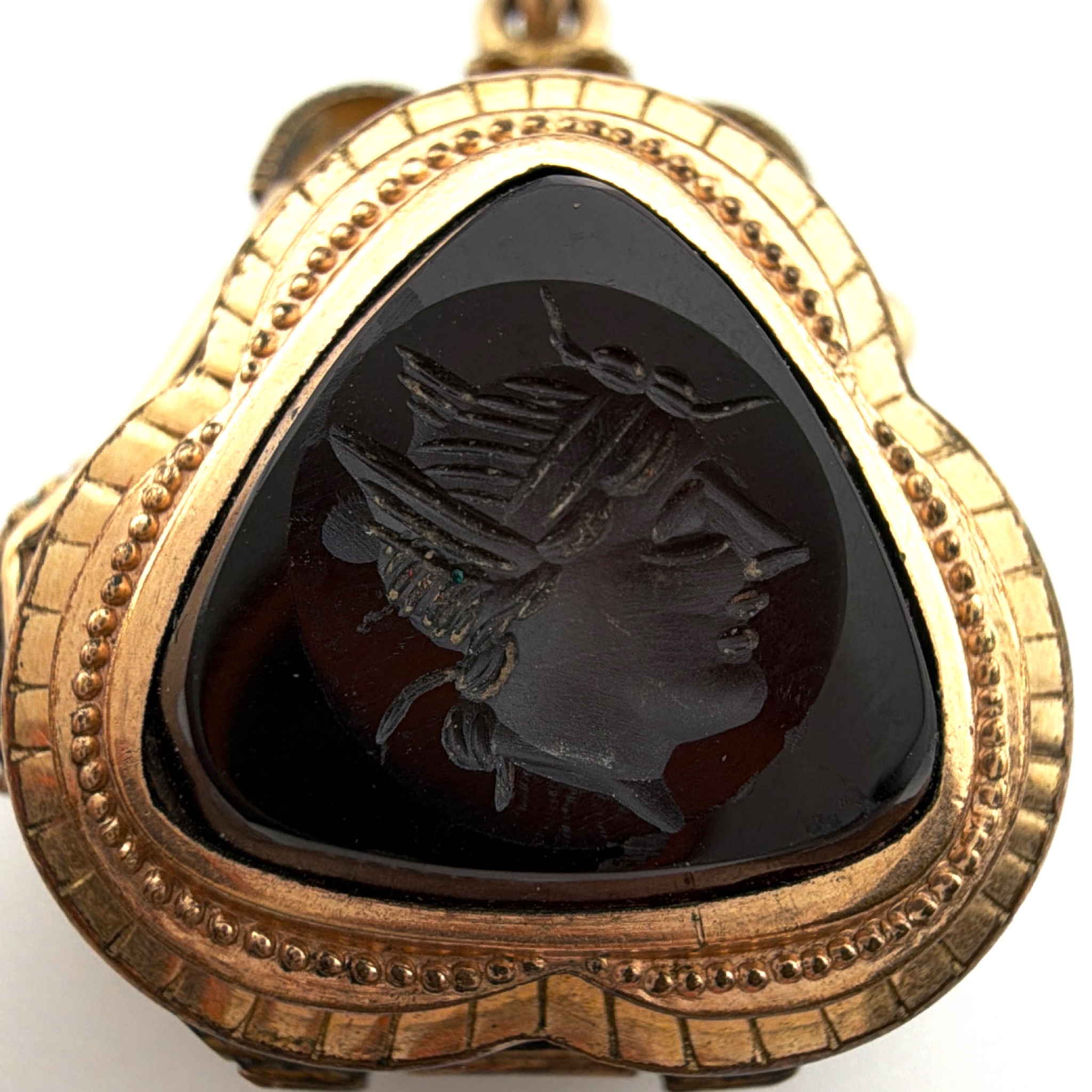 Victorian 1880s–1900s Gold Filled Intaglio Tiger’s Eye Swivel Fob Locket Needs Repaired 13.00g — Front